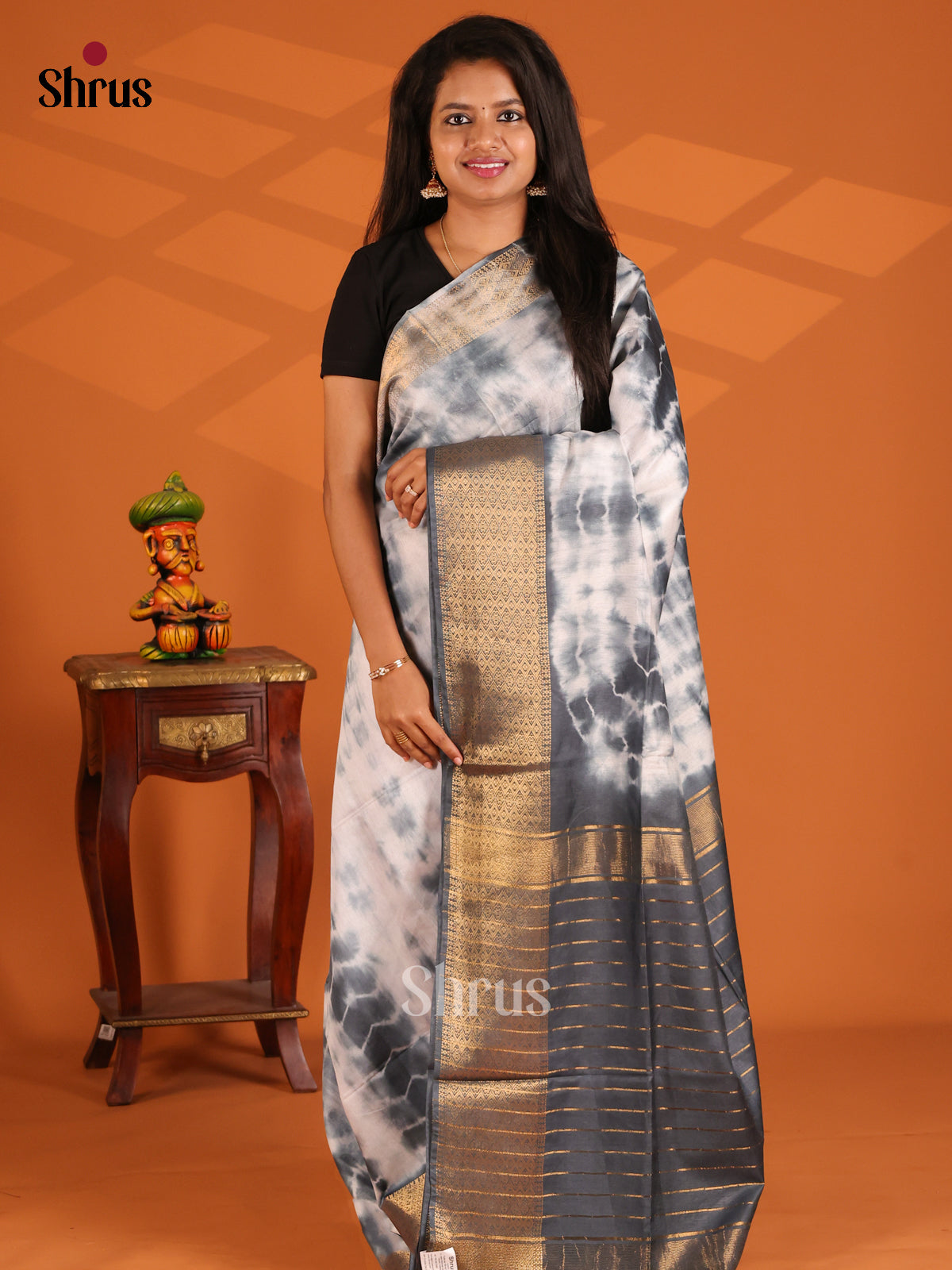 Cream & Black - shibori saree - Shop on Shrus.com