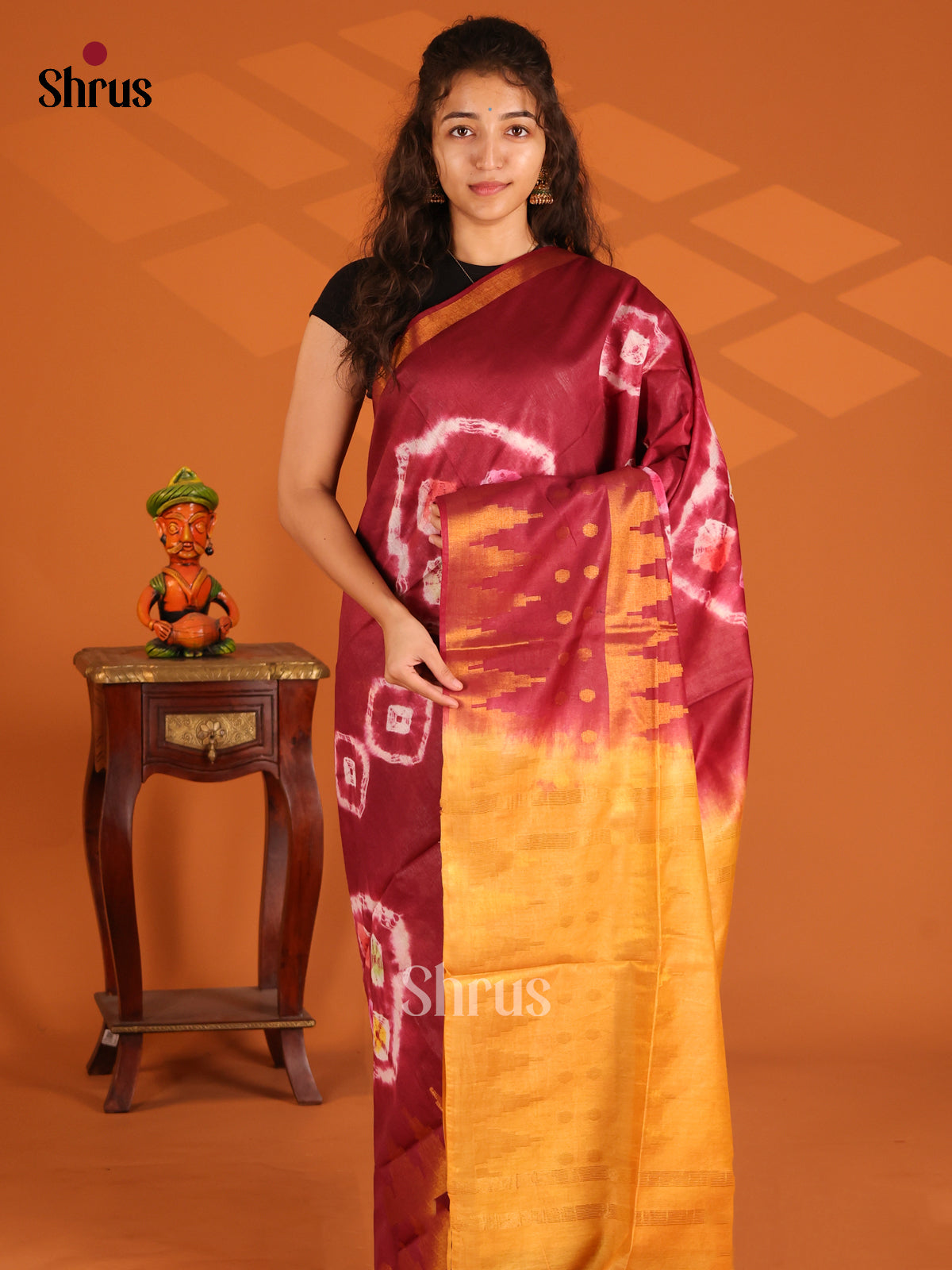 Maroon with Brick - Shibori Saree - Shop on Shrus.com