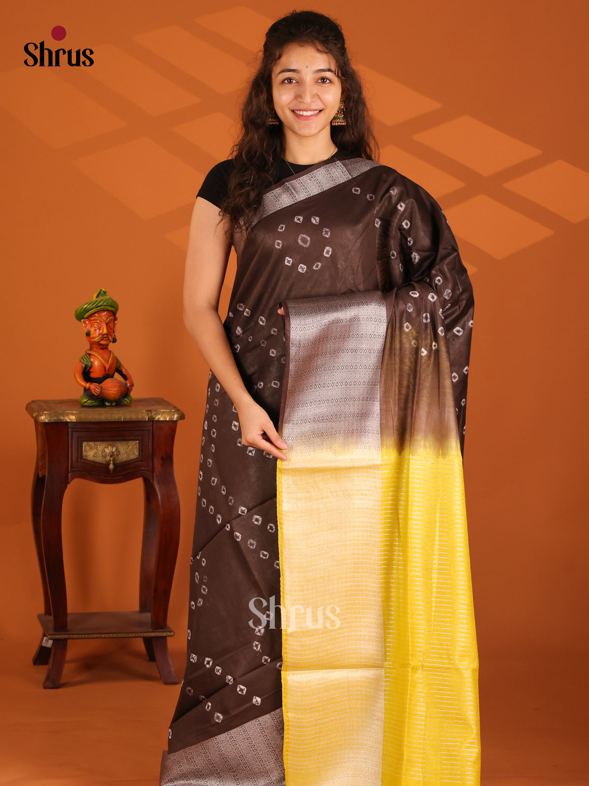 Brown with Yellow - Shibori Saree - Shop on Shrus.com