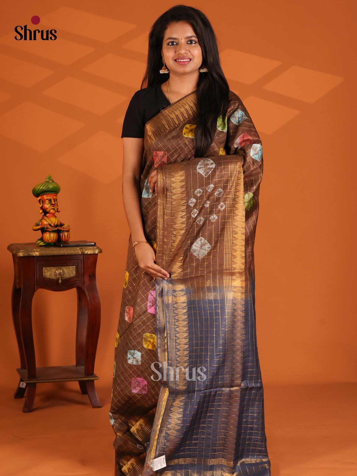 Brown with Grey - shibori saree - Shop on Shrus.com