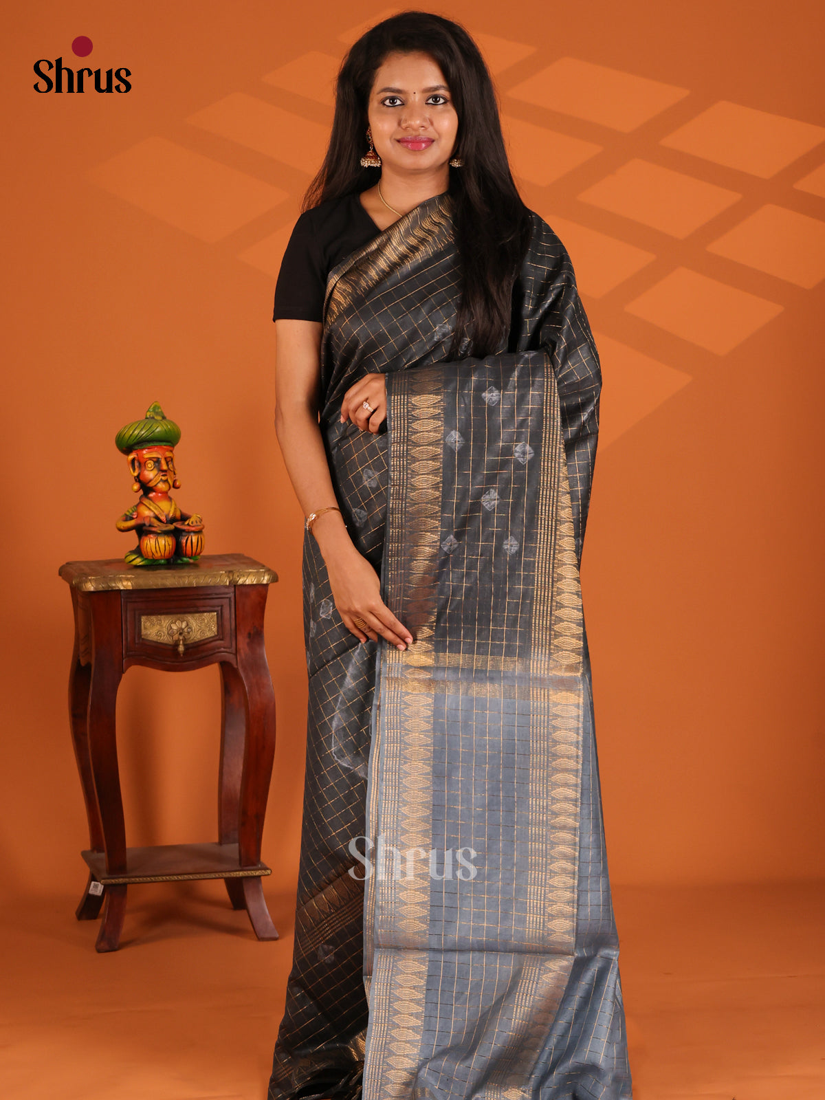 Black with Grey- shibori saree - Shop on Shrus.com
