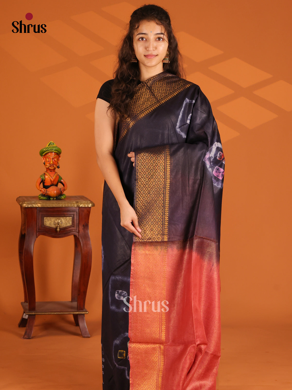 Black with Orangish Pink - Shibori Saree - Shop on Shrus.com