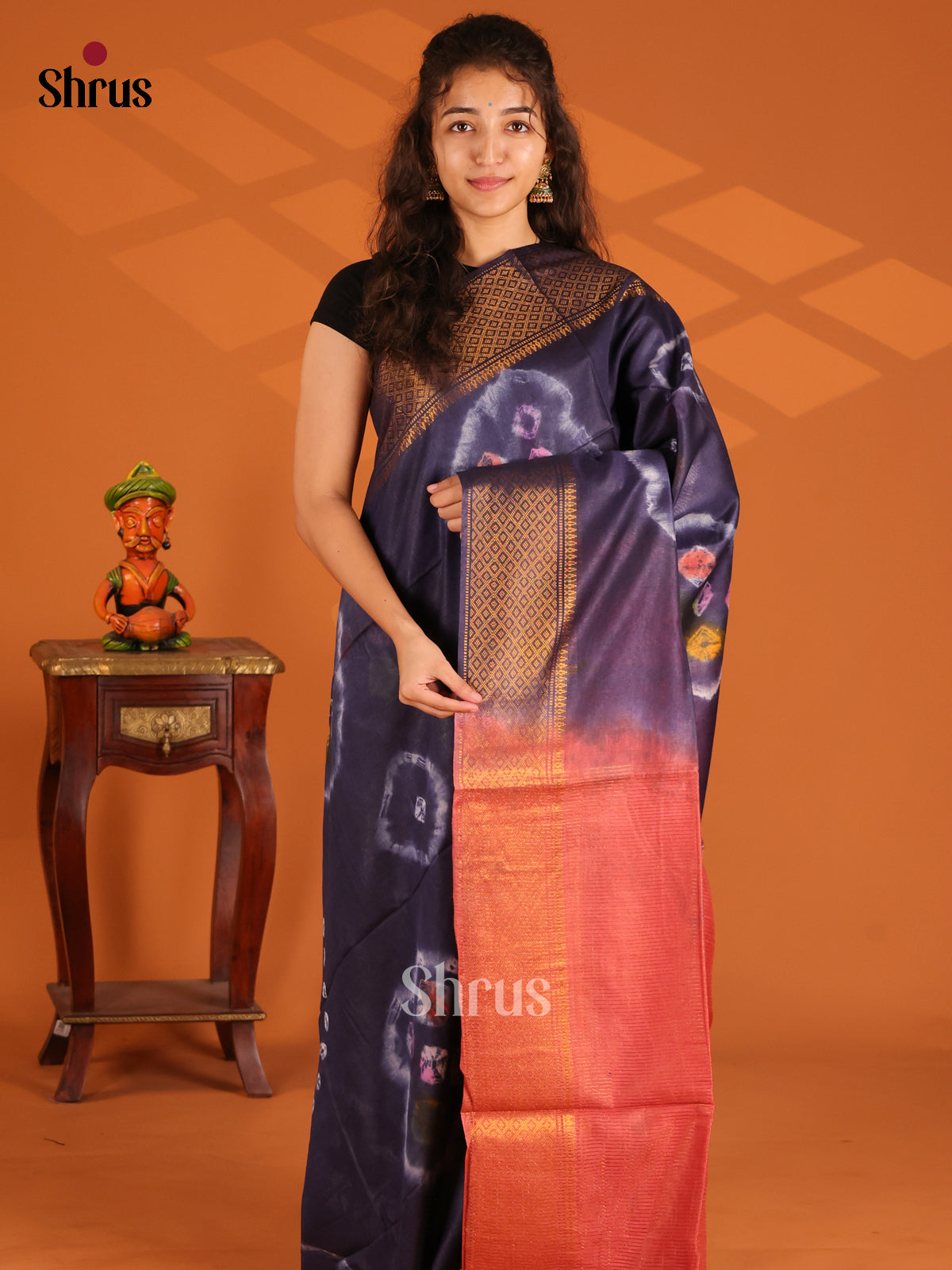 Blue with Orangish Pink- Shibori Saree - Shop on Shrus.com