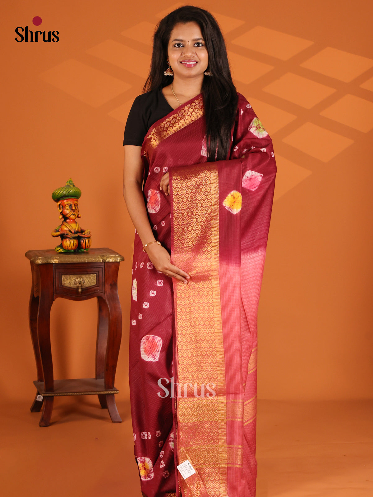 Maroon with Pink - shibori saree - Shop on Shrus.com