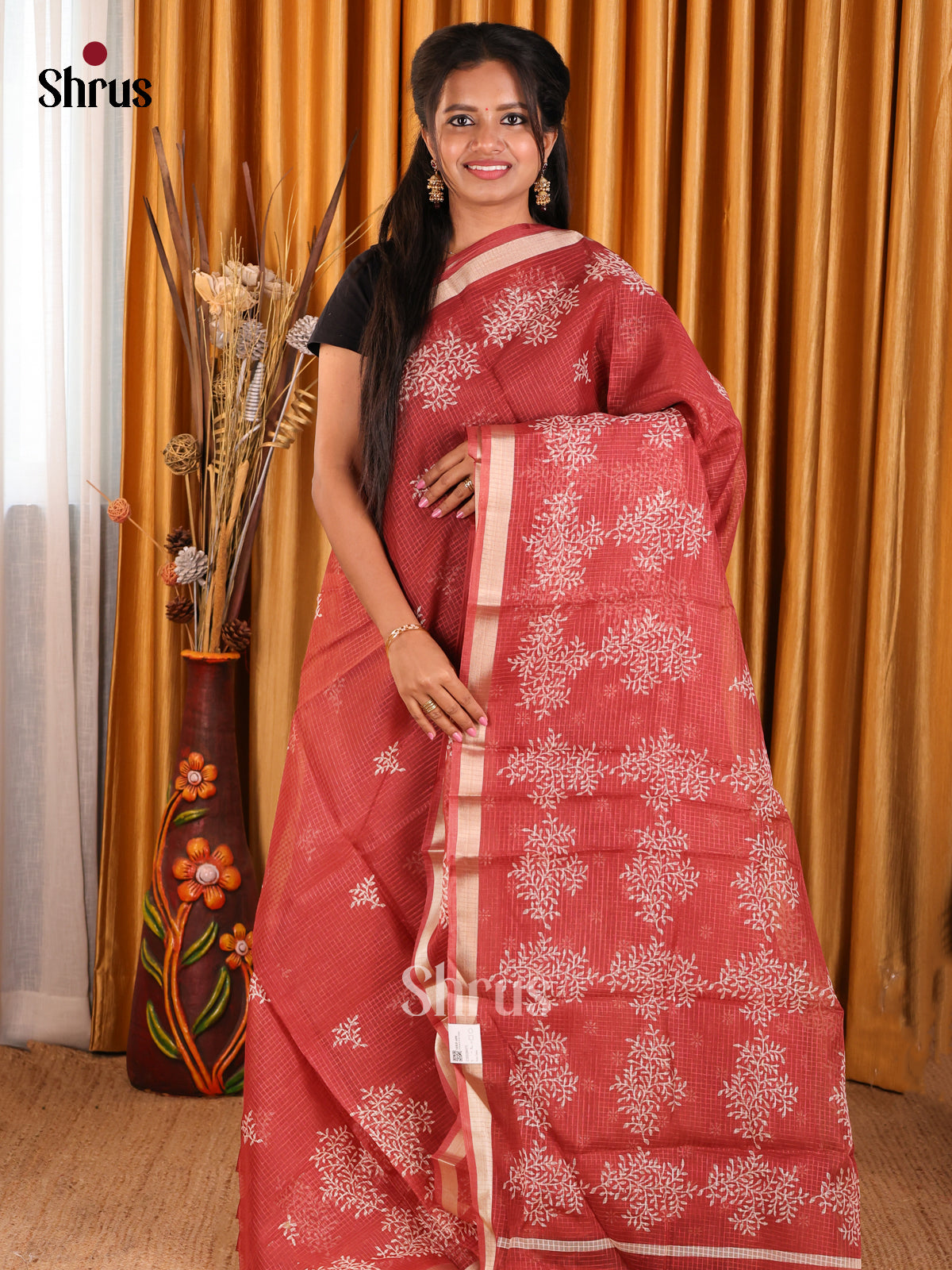 Red - Kota Cotton Saree - Shop on Shrus.com