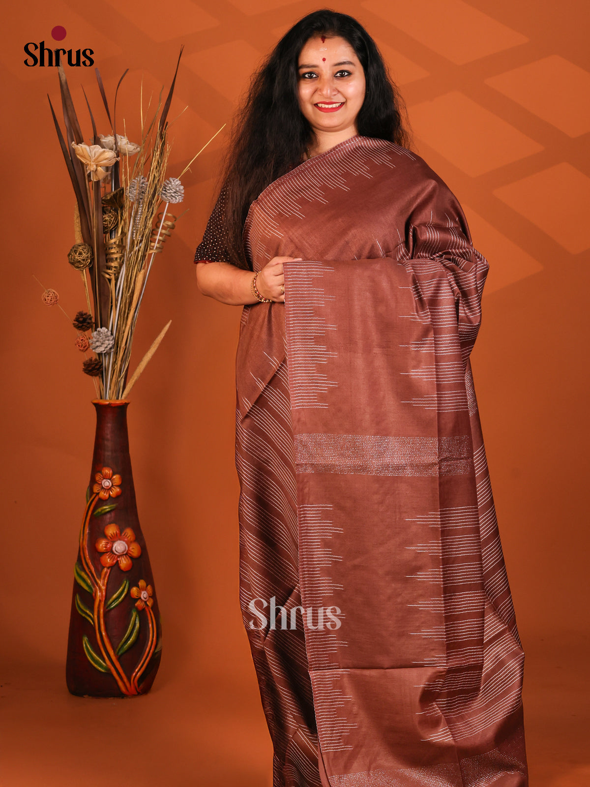 Brown- Semi Tussar Saree - Shop on Shrus.com