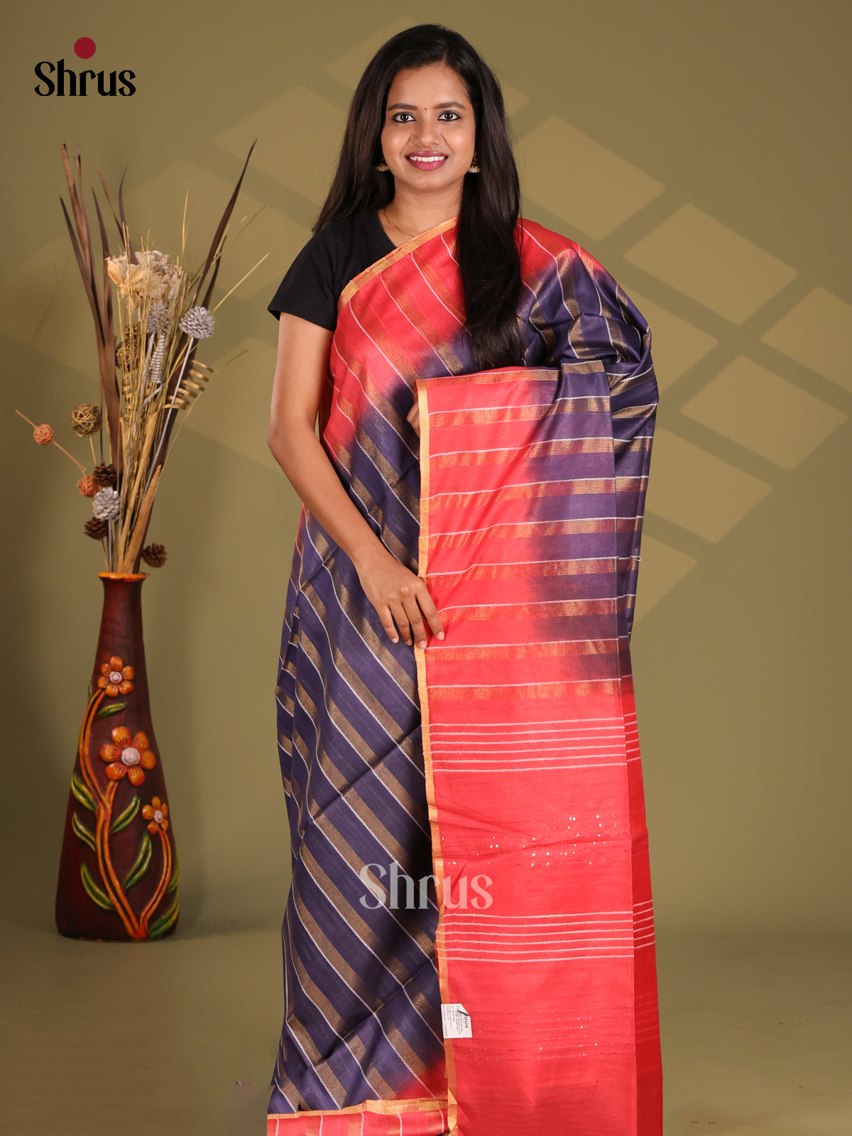 Blue & Red - Semi Tussar Saree - Shop on Shrus.com