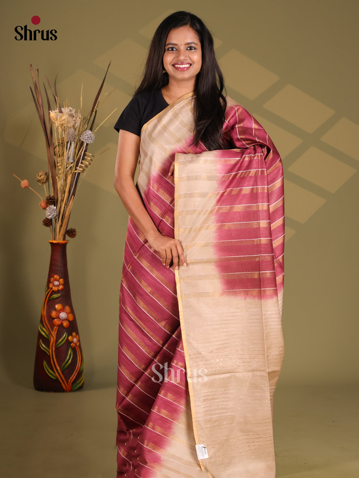 Maroon & Beige - Semi Tussar Saree - Shop on Shrus.com