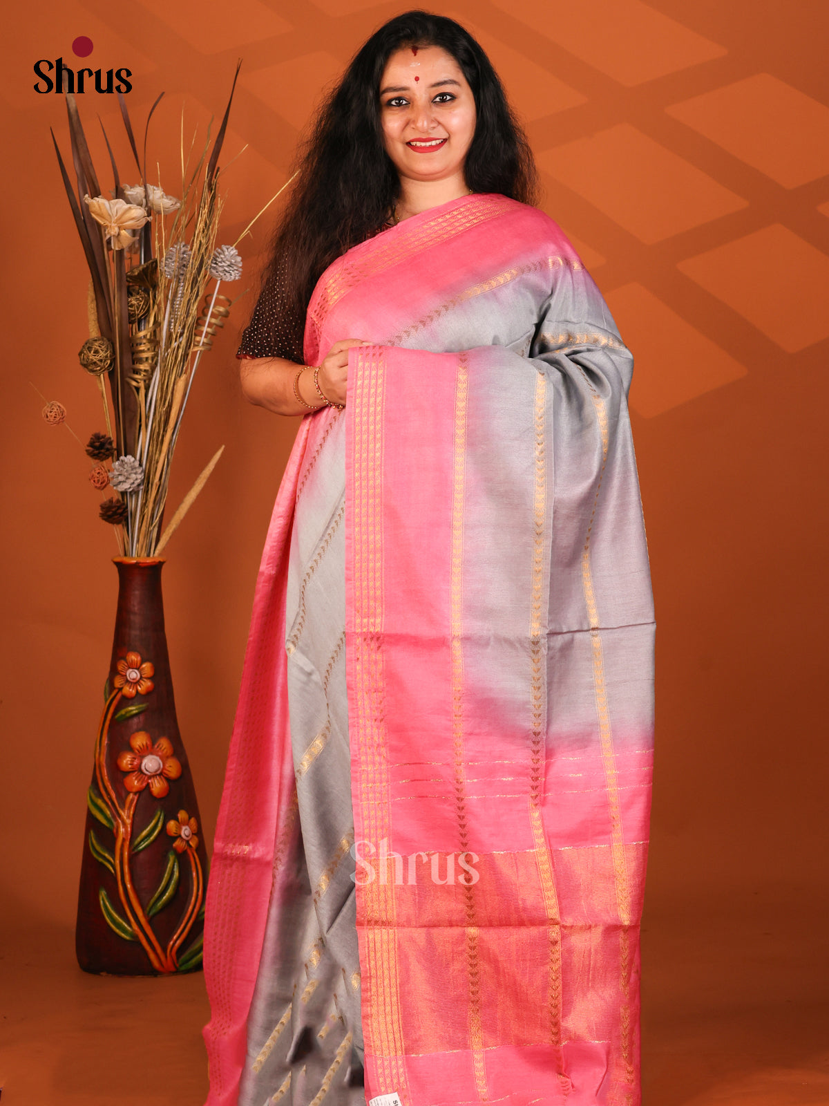 Grey & Pink -Semi Tussar Saree - Shop on Shrus.com