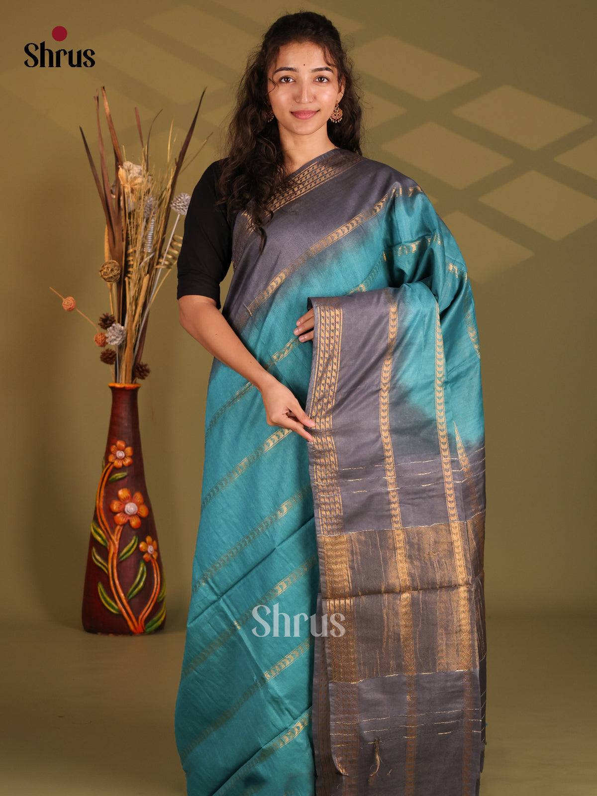 Blue & Elephant Black- Semi Tussar Saree - Shop on Shrus.com