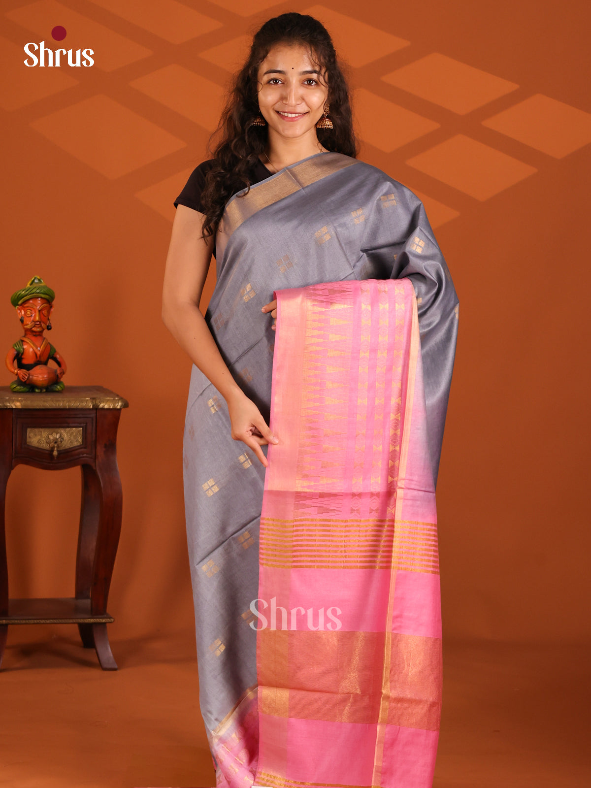 Grey & Pink- Semi Tussar Saree - Shop on Shrus.com