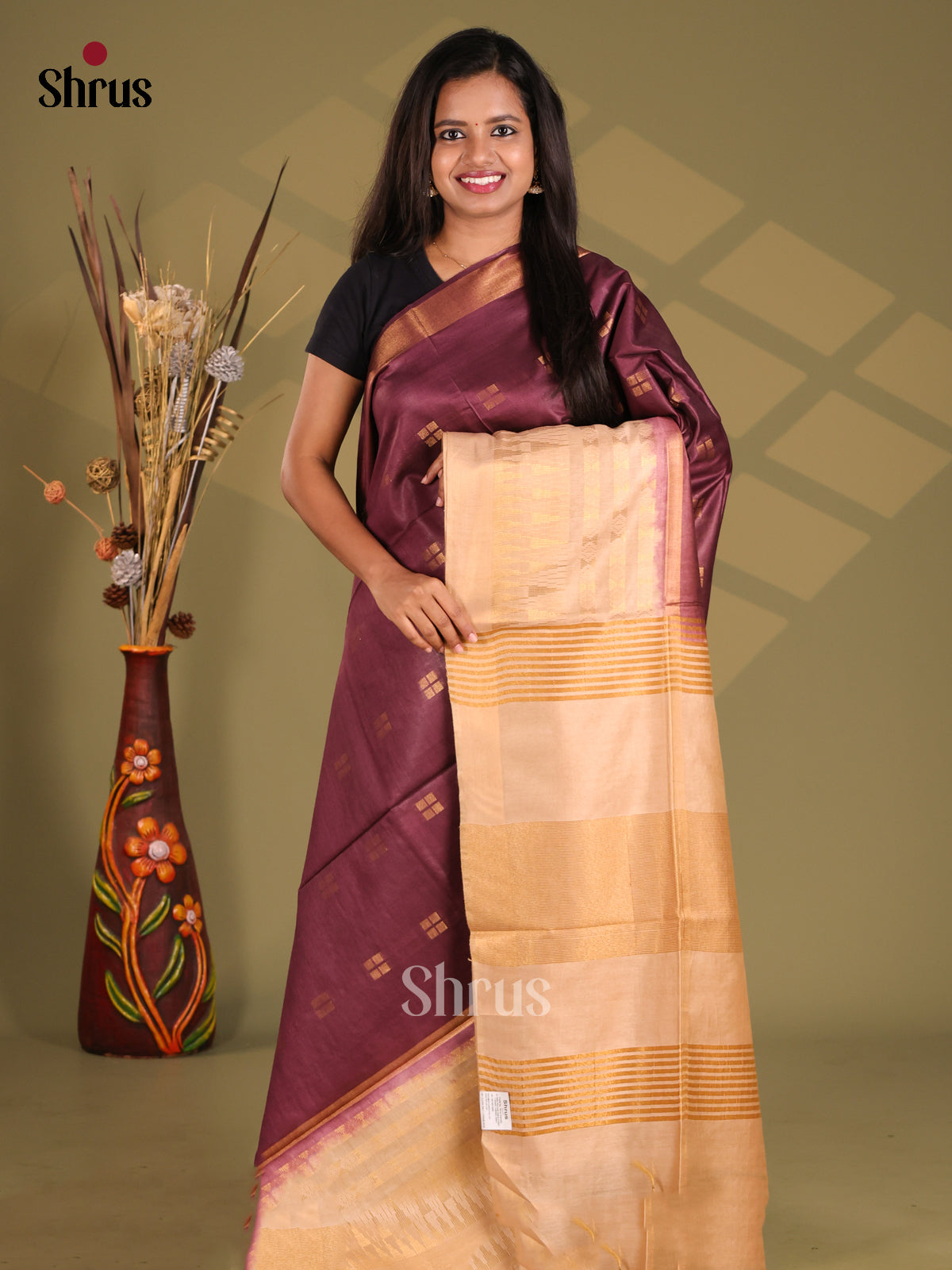 Brown & Cream - Semi Tussar Saree - Shop on Shrus.com