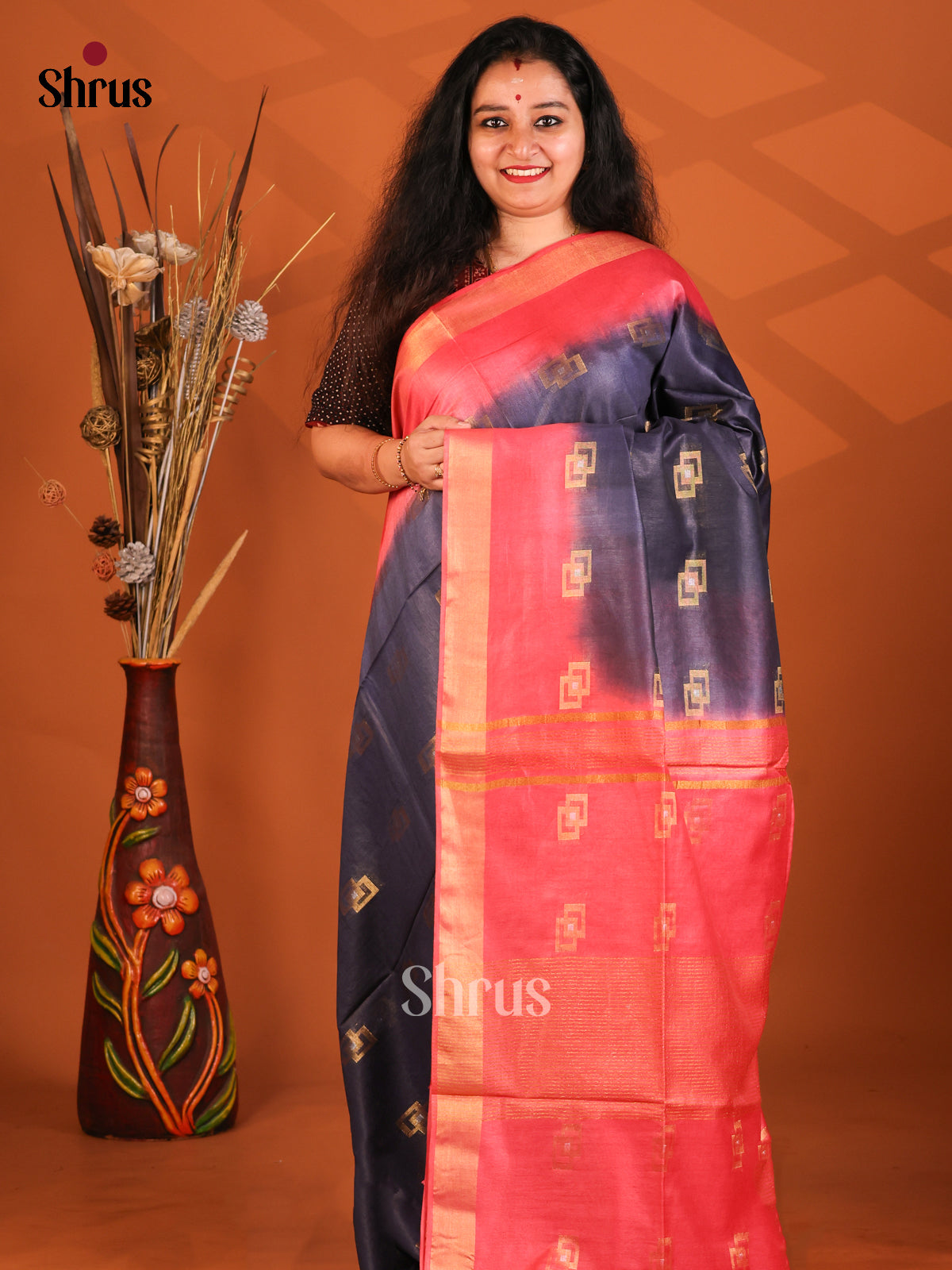 Black & Red- Semi Tussar Saree - Shop on Shrus.com