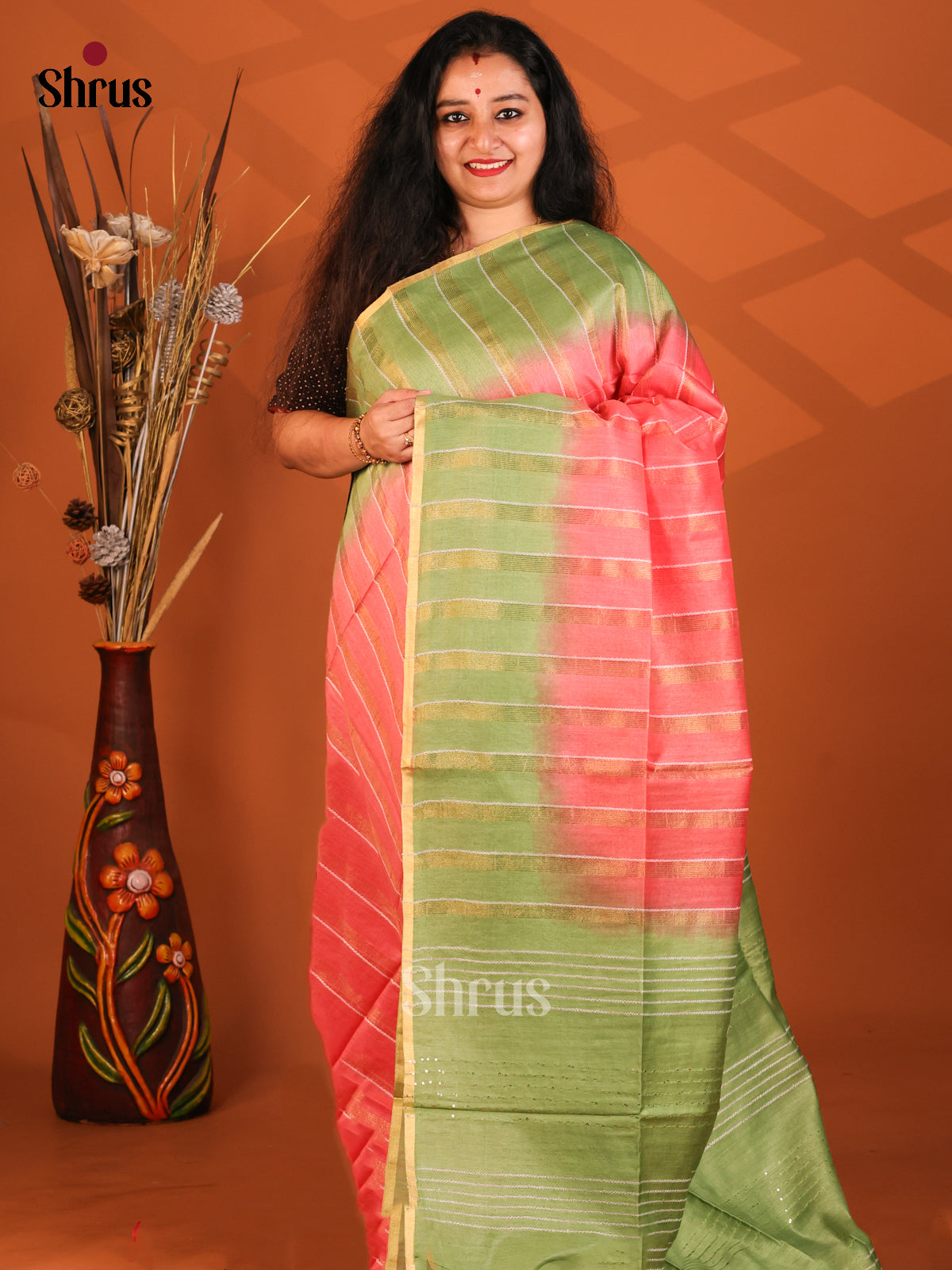 Peach & Green- Semi Tussar Saree - Shop on Shrus.com