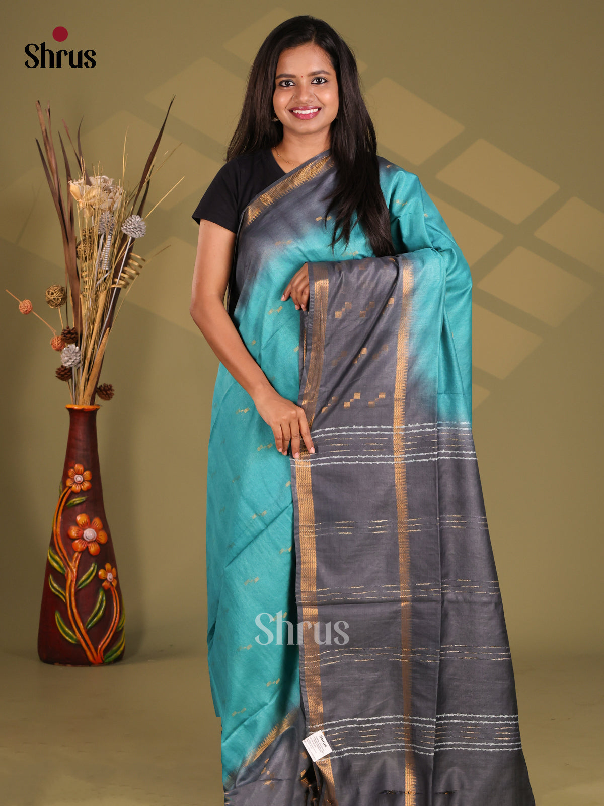 Blue & Grey - Semi Tussar Saree - Shop on Shrus.com