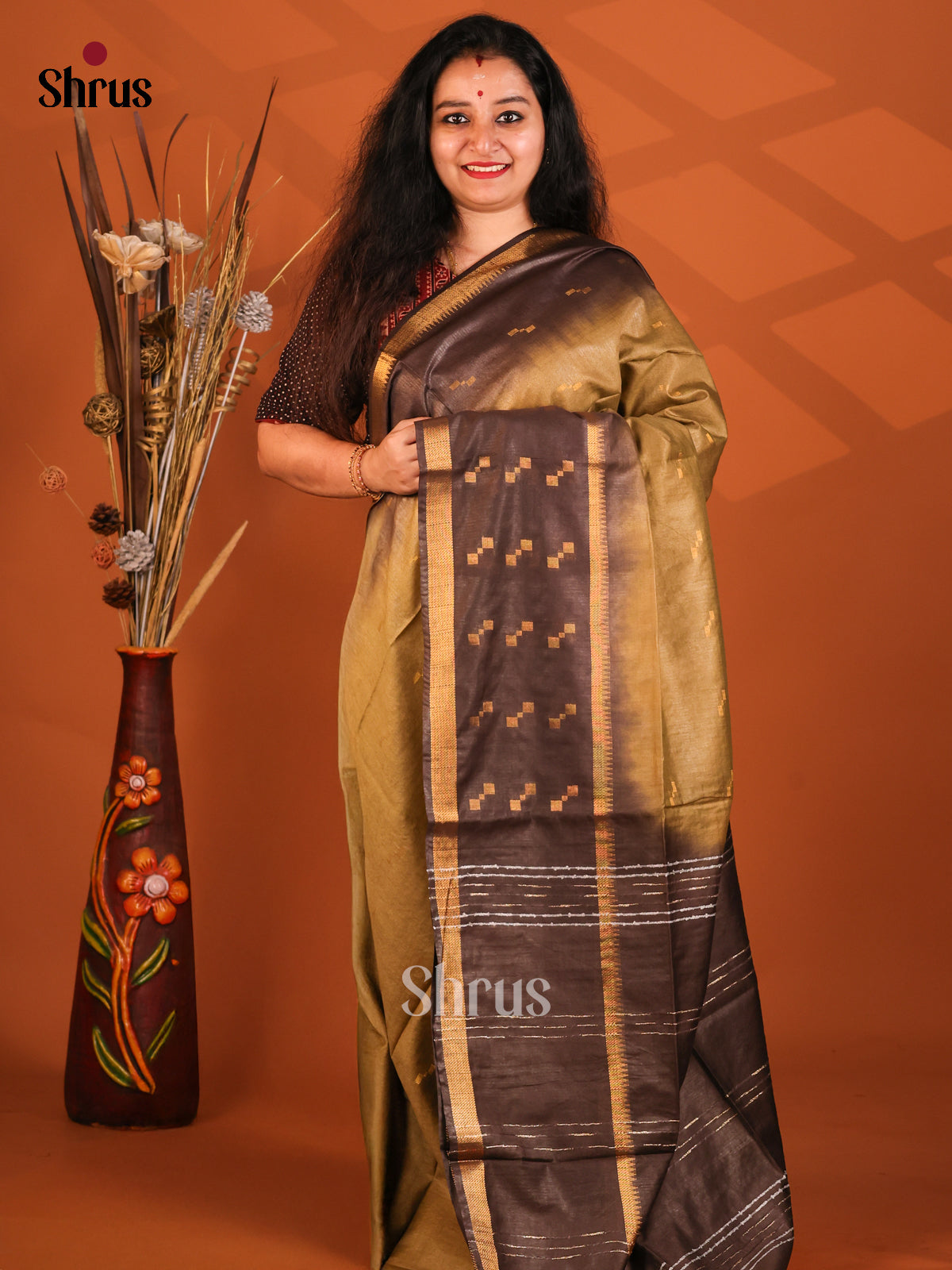 Beige & Brown - Semi Tussar Saree - Shop on Shrus.com