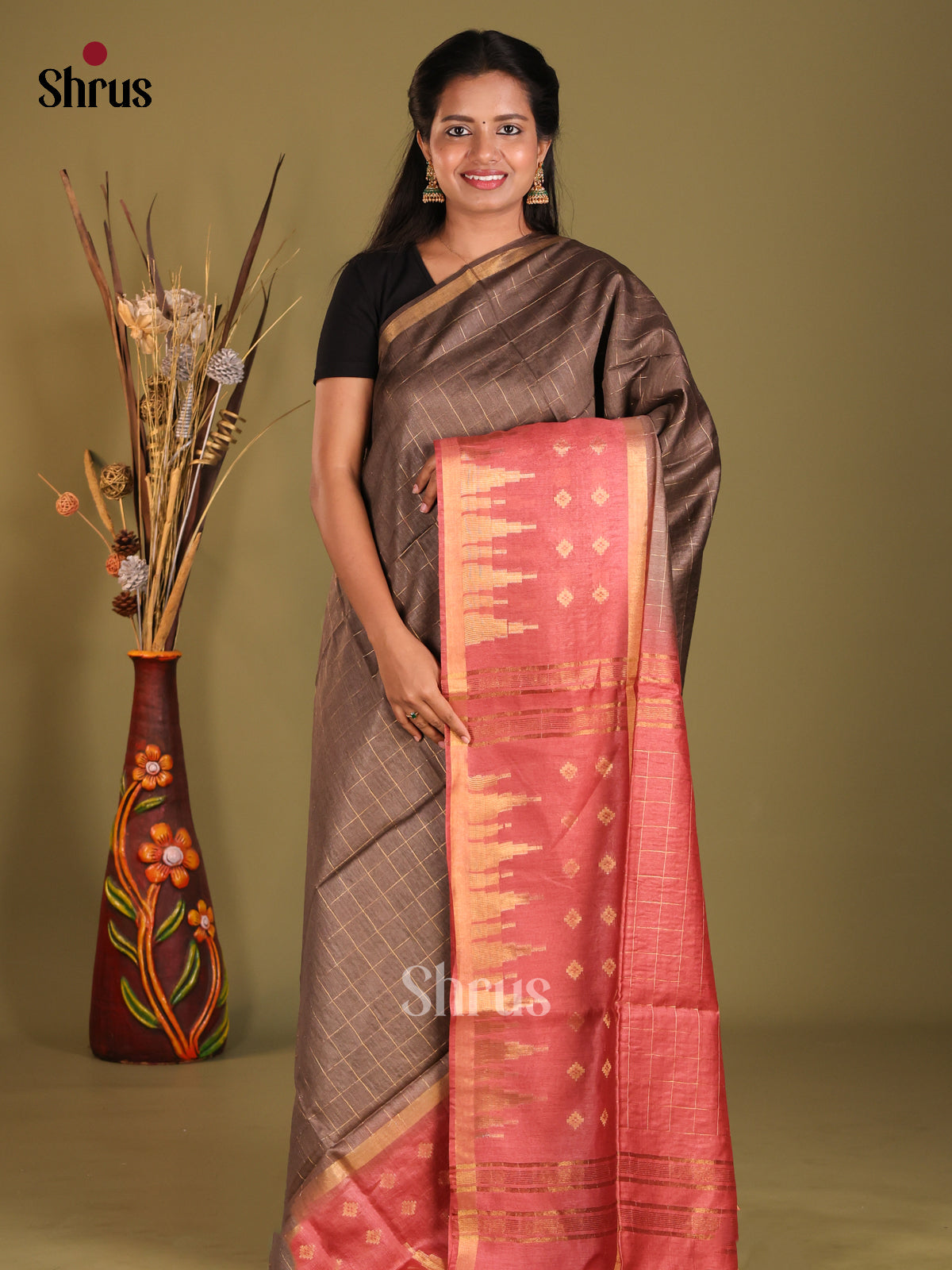 Brown & Red- Semi Tussar saree - Shop on Shrus.com