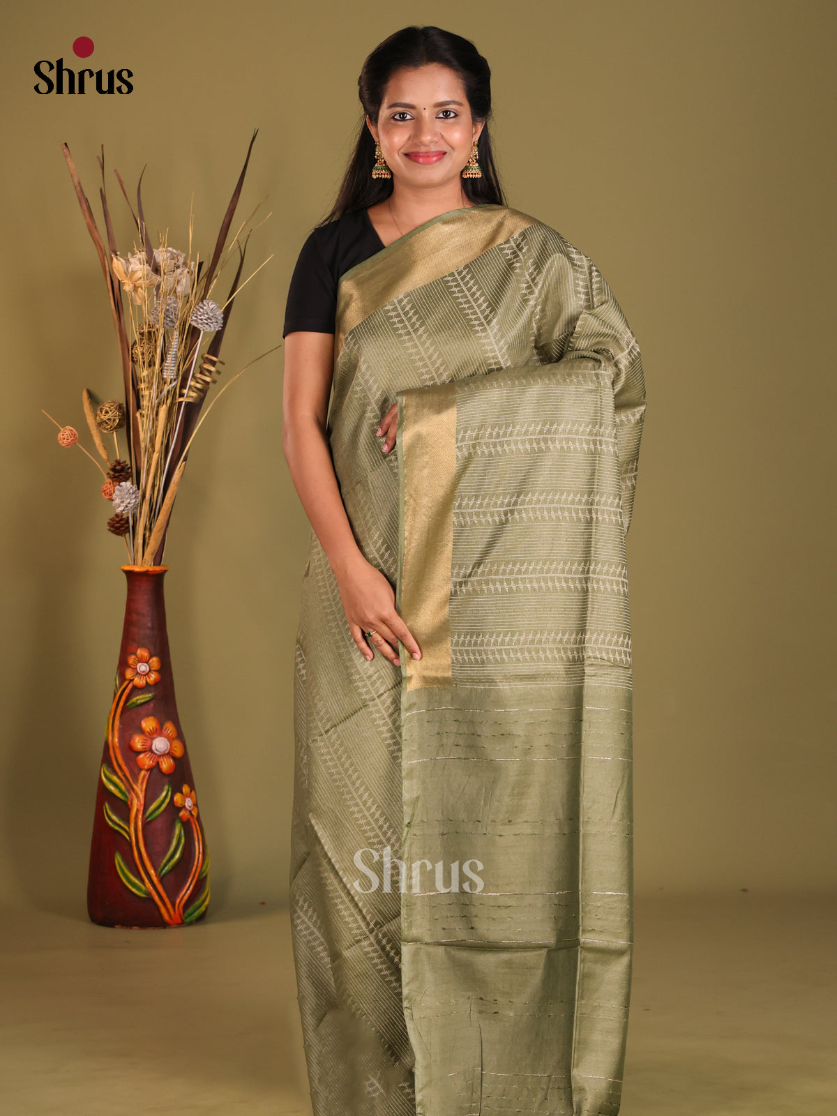 Chutney Green- Semi Tussar saree - Shop on Shrus.com
