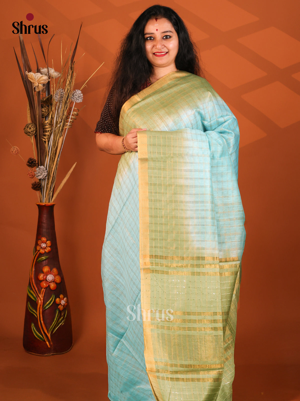 Pastel Blue & Green - Semi Tussar Saree - Shop on Shrus.com
