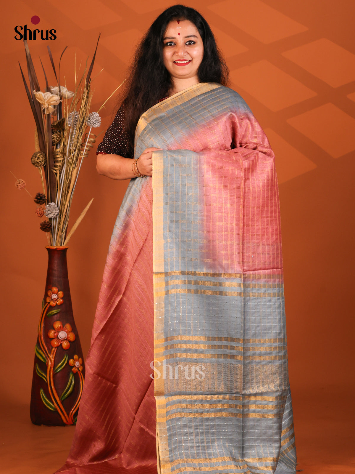 Pink & Grey - Semi Tussar Saree - Shop on Shrus.com