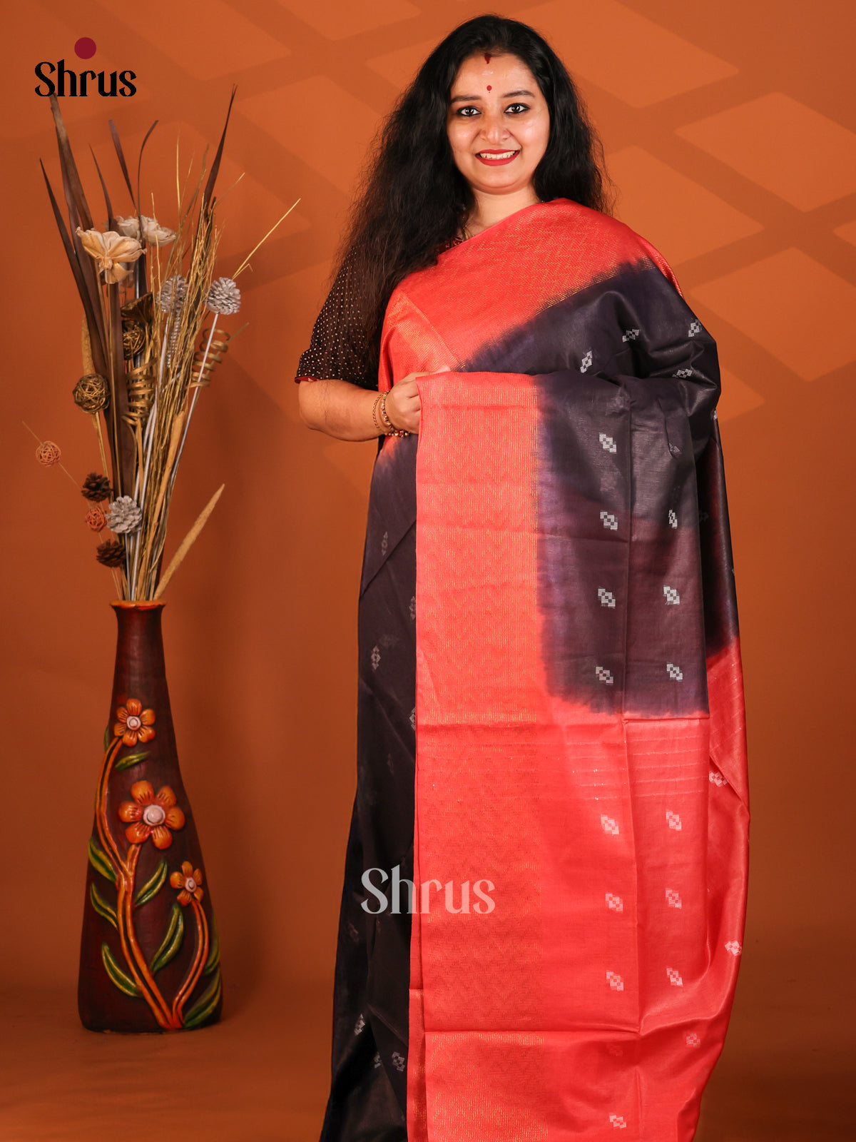 Black & Red- Semi Tussar Saree - Shop on Shrus.com