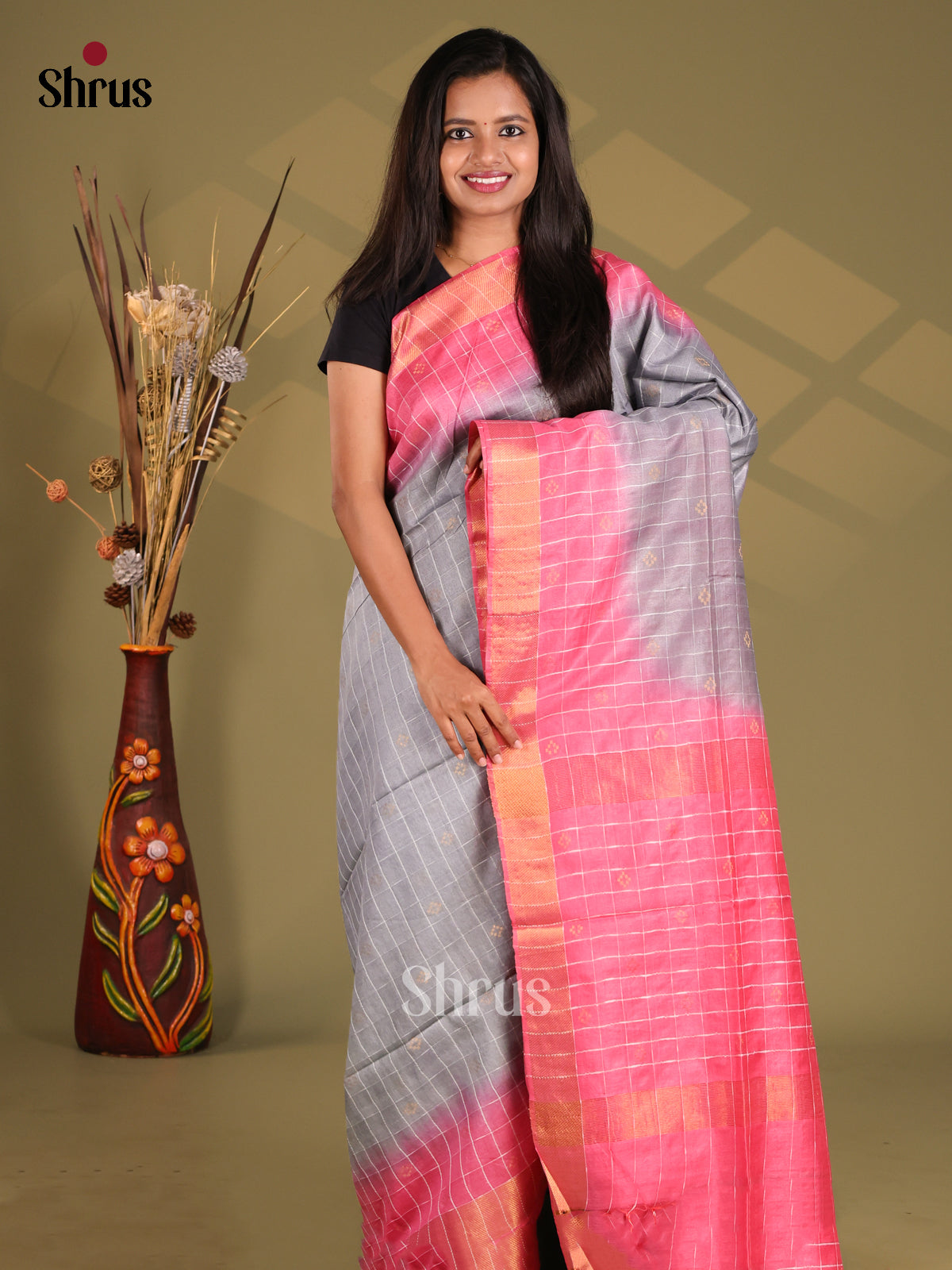 Grey & Pink - Semi Tussar Saree - Shop on Shrus.com