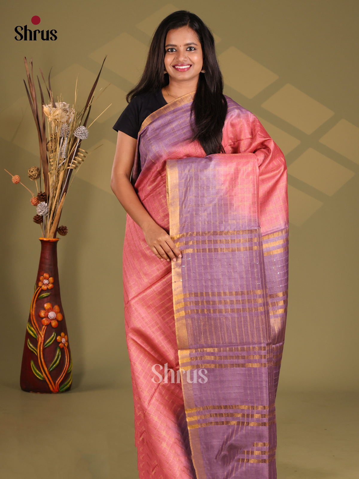 Pink & lavender - Semi Tussar Saree - Shop on Shrus.com