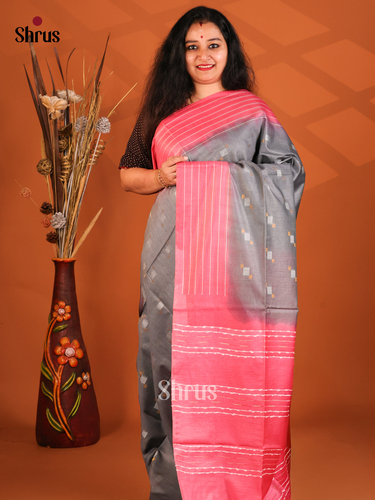 Grey & Pink- Semi Tussar Saree - Shop on Shrus.com
