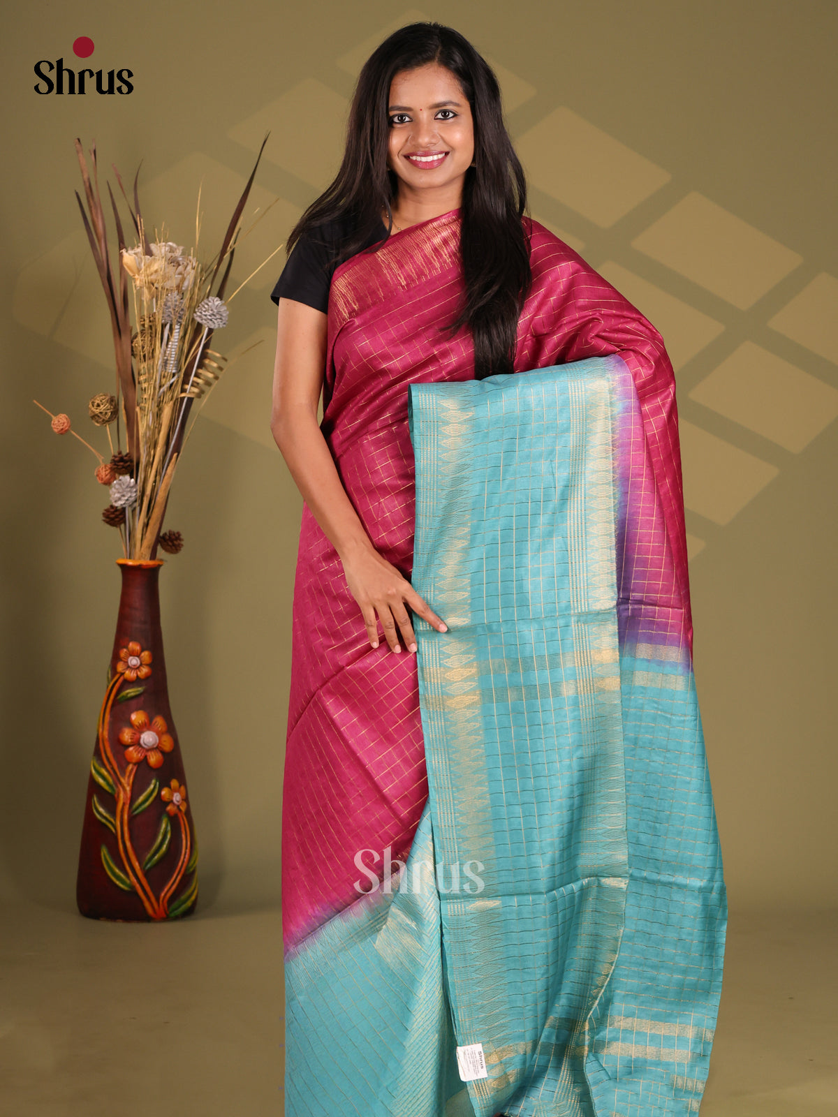 Maroon & Blue - Semi Tussar Saree - Shop on Shrus.com