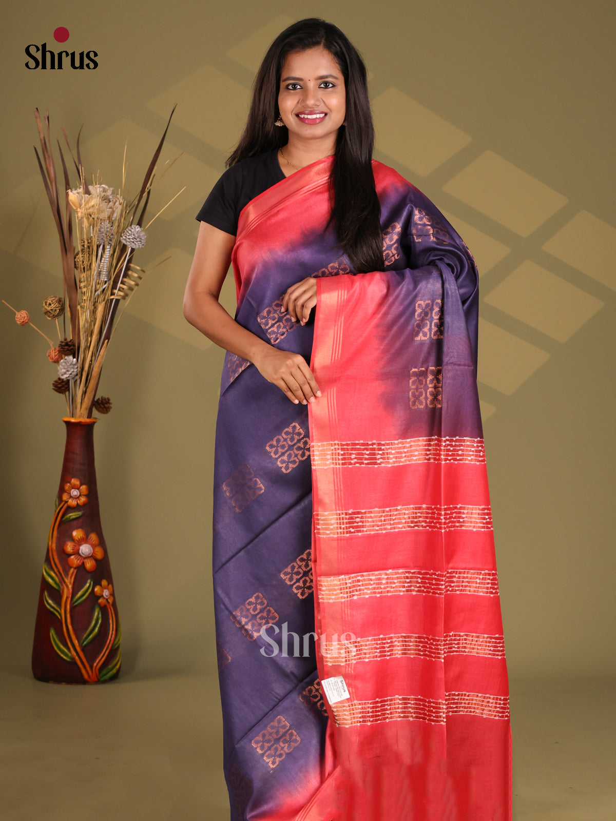Blue & Red - Semi Tussar Saree - Shop on Shrus.com