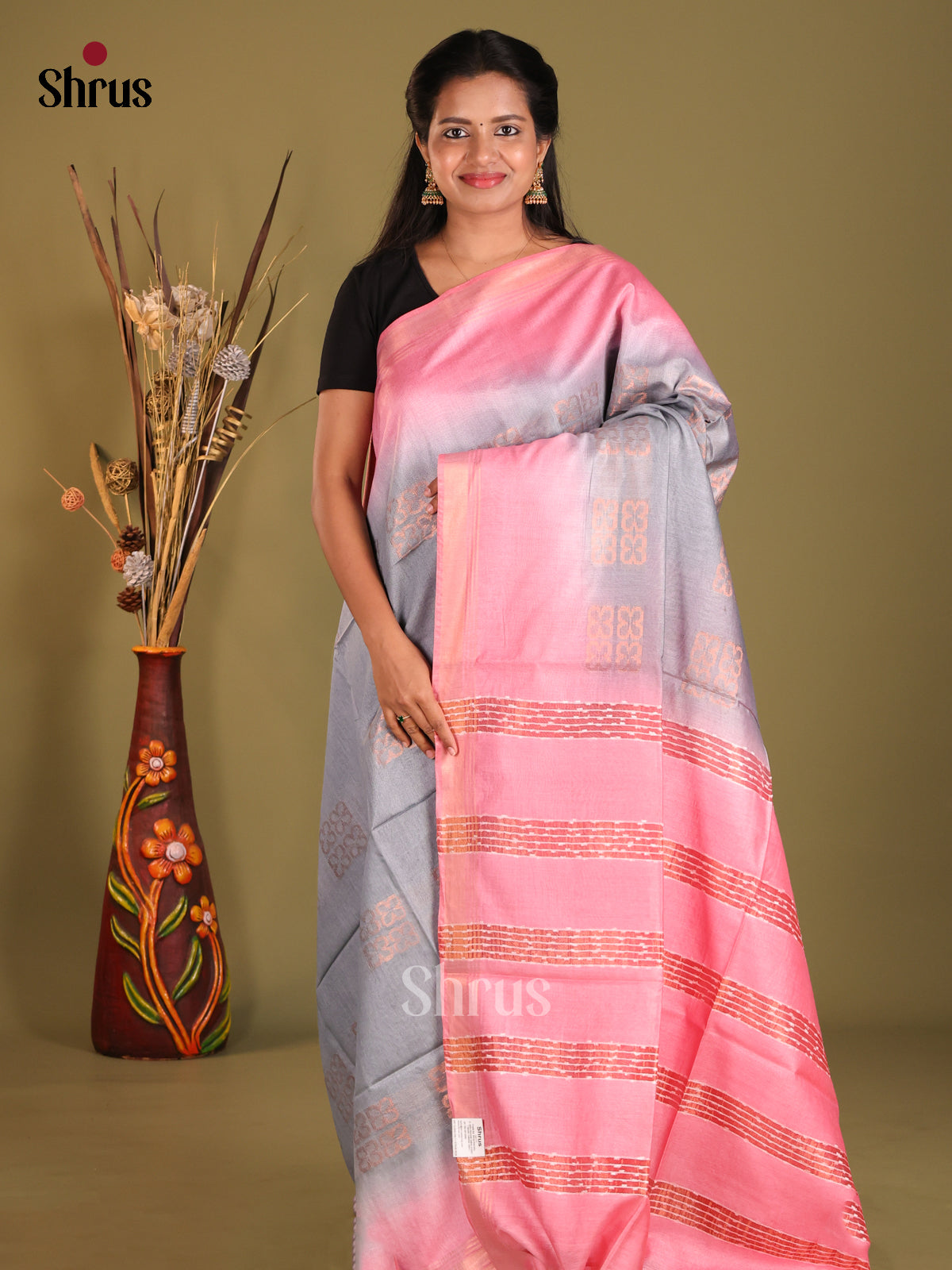 Grey & Pink - Semi Tussar saree - Shop on Shrus.com