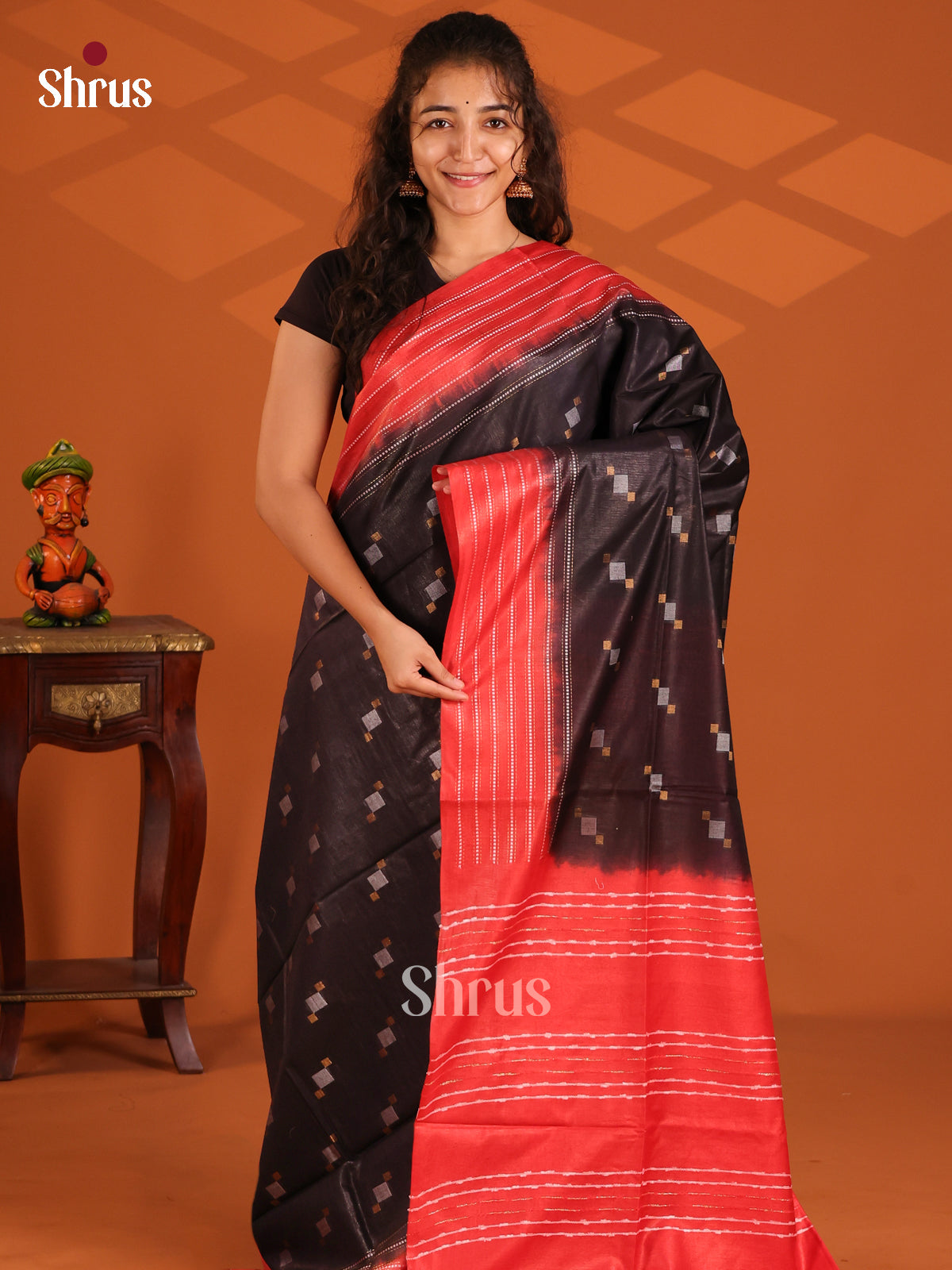 Black &Red - Semi Tussar Saree - Shop on Shrus.com