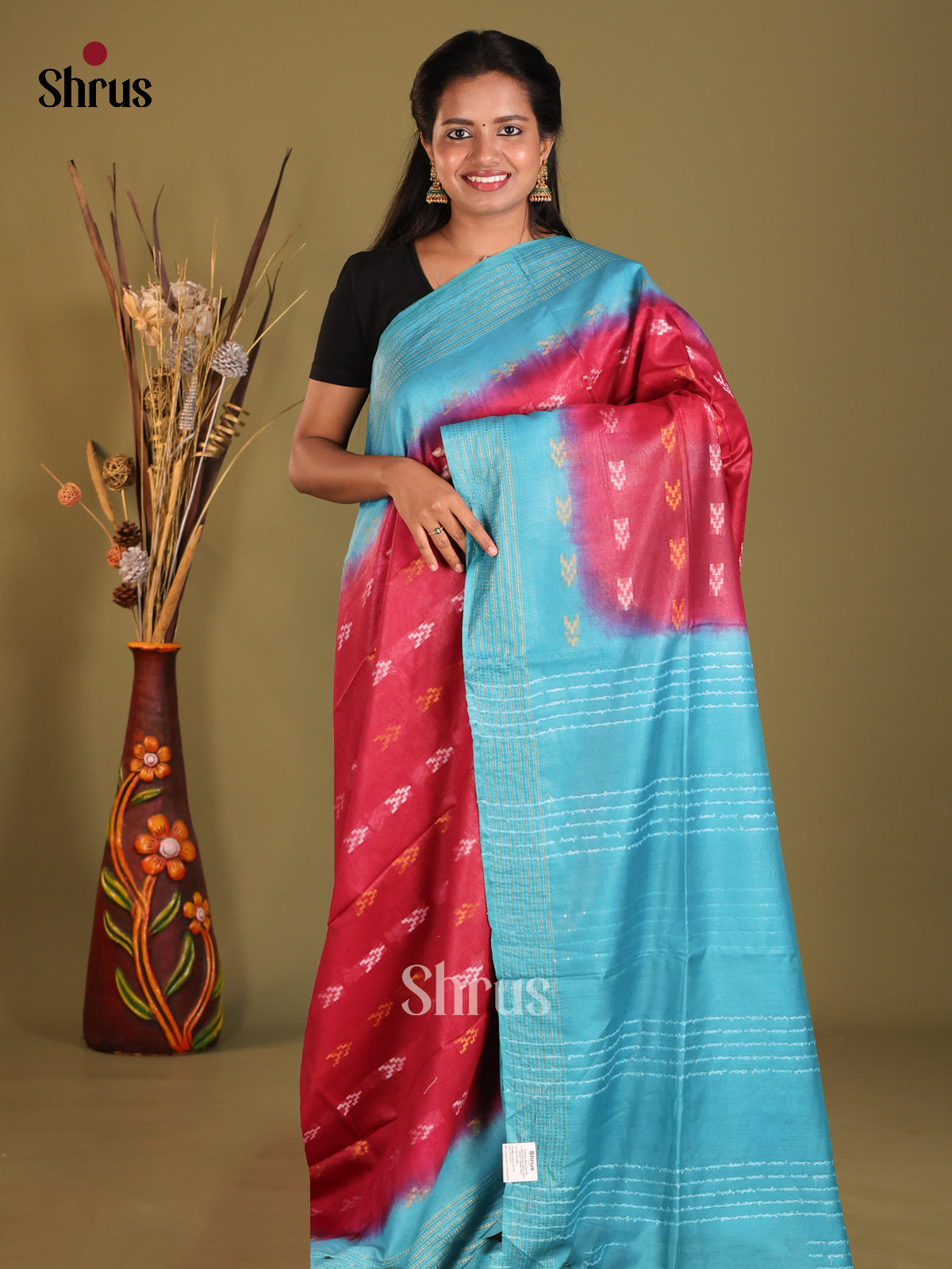 Maroon & Blue  - Semi Tussar saree - Shop on Shrus.com