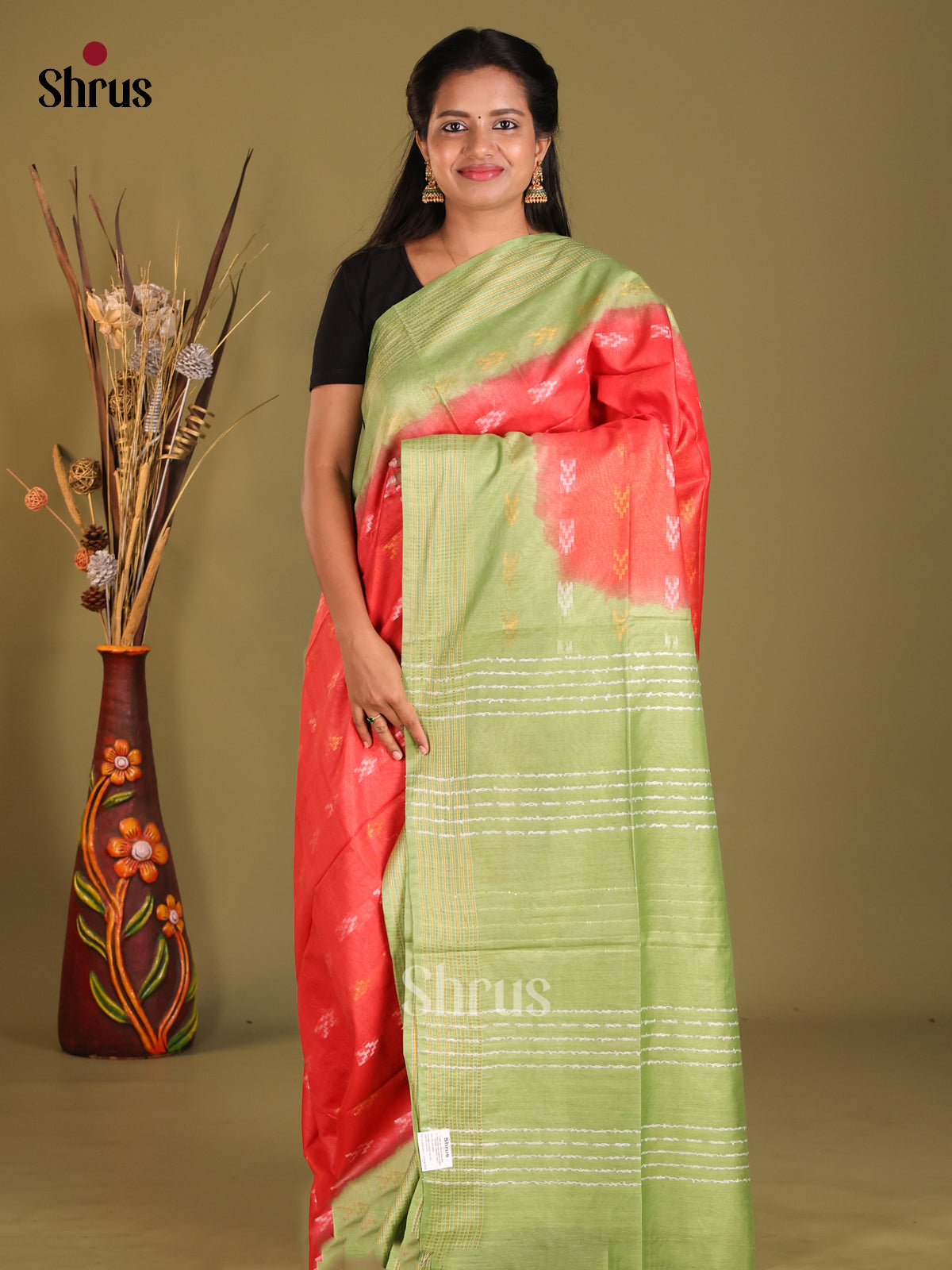 Red & Green- Semi Tussar saree - Shop on Shrus.com