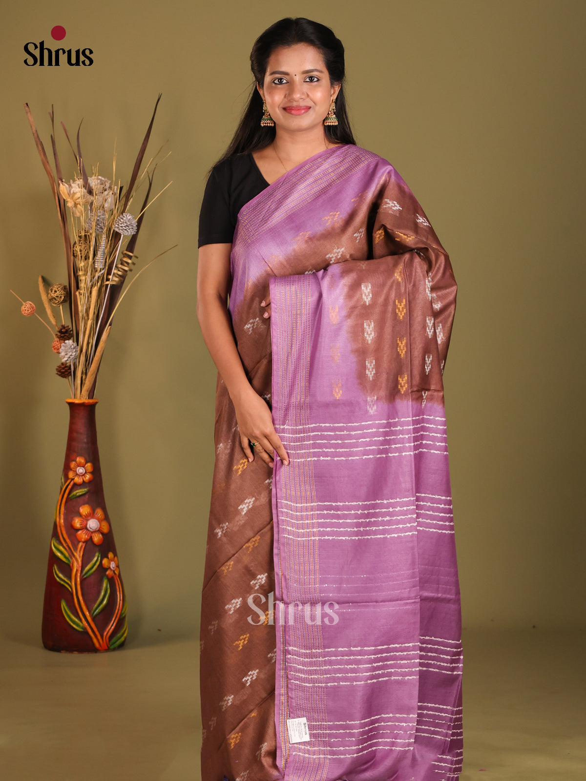 Brown & Lavender - Semi Tussar saree - Shop on Shrus.com