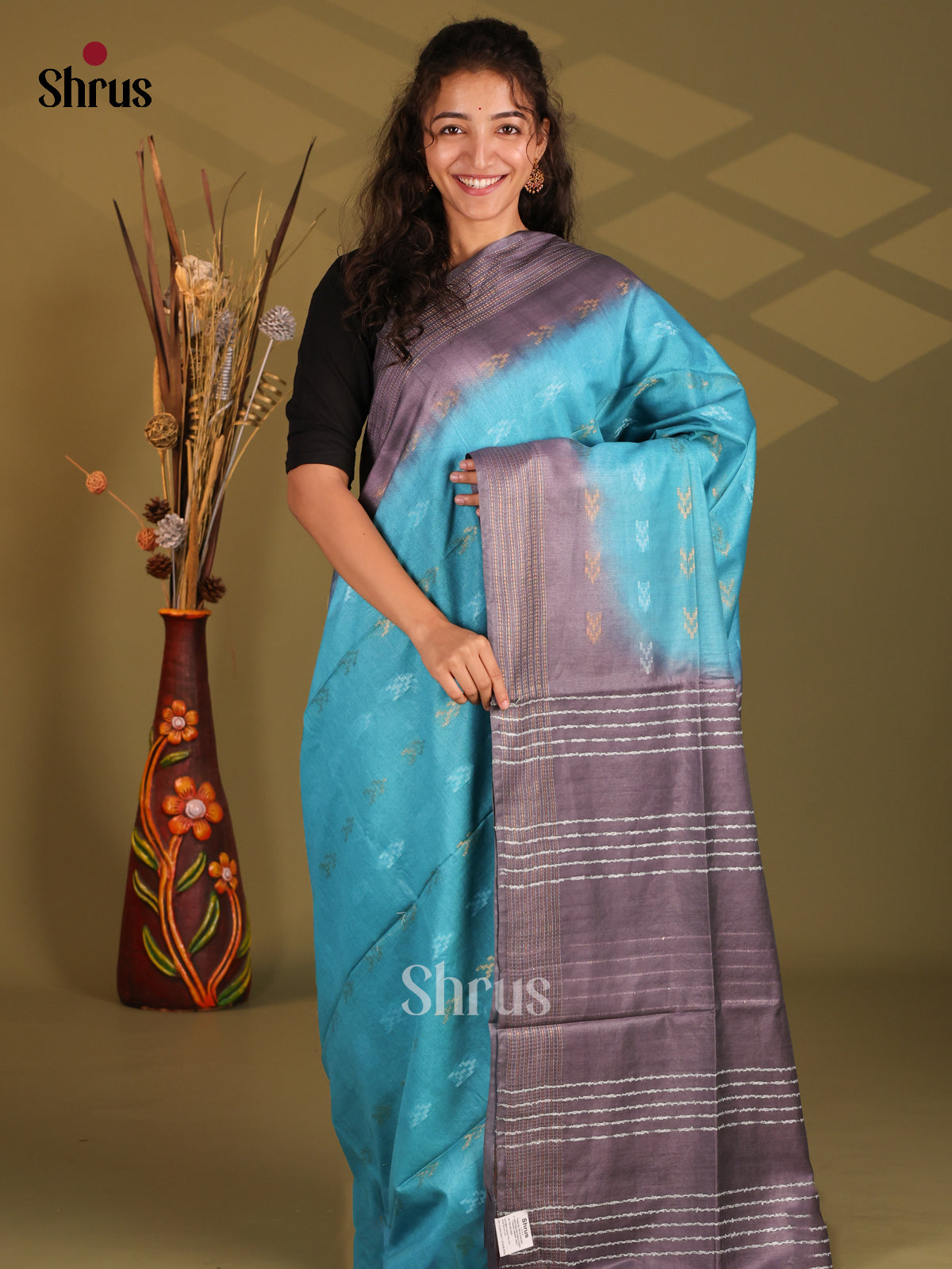 Blue  & Grey- Semi Tussar Saree - Shop on Shrus.com
