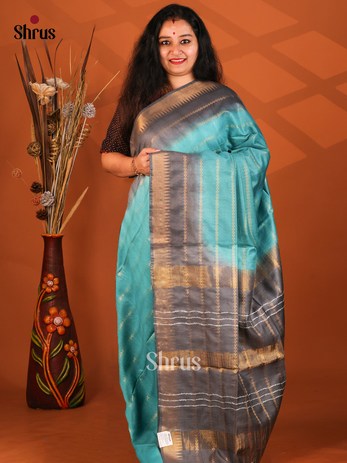 Blue & Grey- Semi Tussar Saree - Shop on Shrus.com