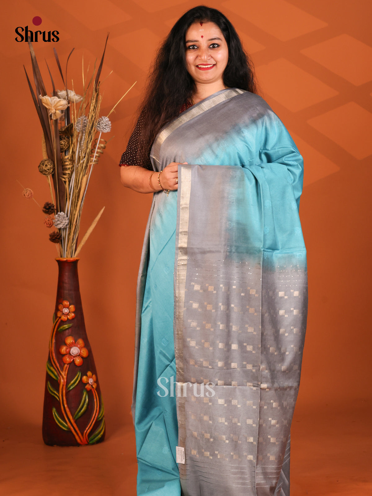 Blue & Grey- Semi Tussar Saree - Shop on Shrus.com