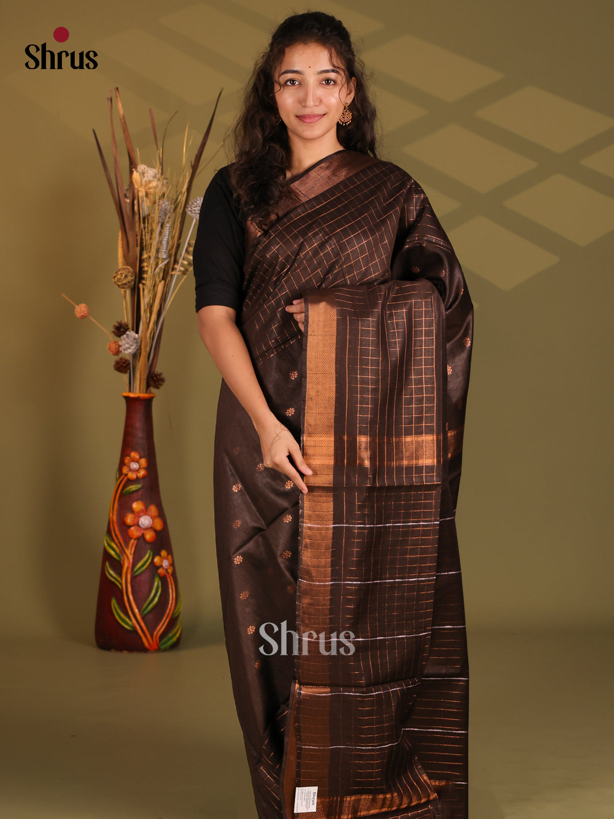Brown - Semi Tussar Saree - Shop on Shrus.com