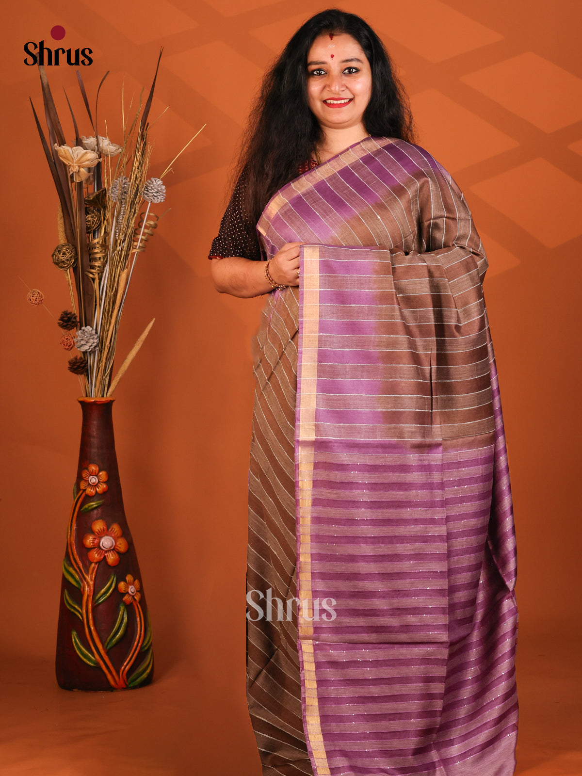Brown & Purple- Semi Tussar Saree - Shop on Shrus.com