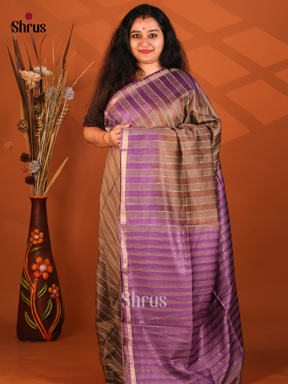 Brown & Purple- Semi Tussar Saree - Shop on Shrus.com