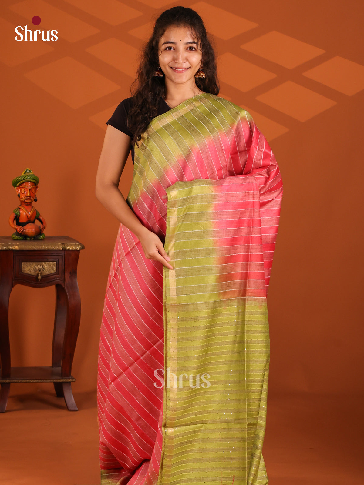 Pink with Green - Semi Tussar Saree - Shop on Shrus.com