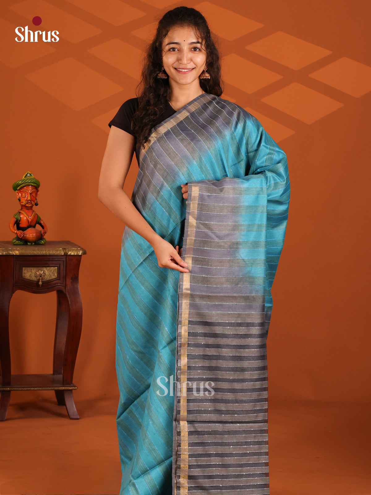 Blue & Grey - Semi Tussar Saree - Shop on Shrus.com