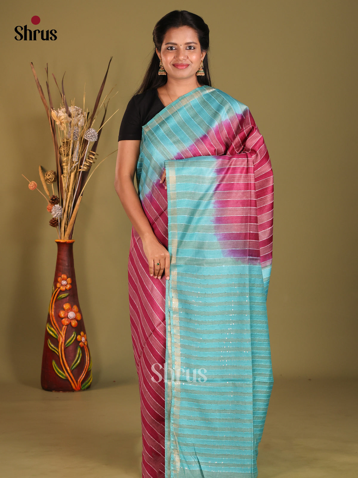 Maroon & Blue- Semi Tussar saree - Shop on Shrus.com