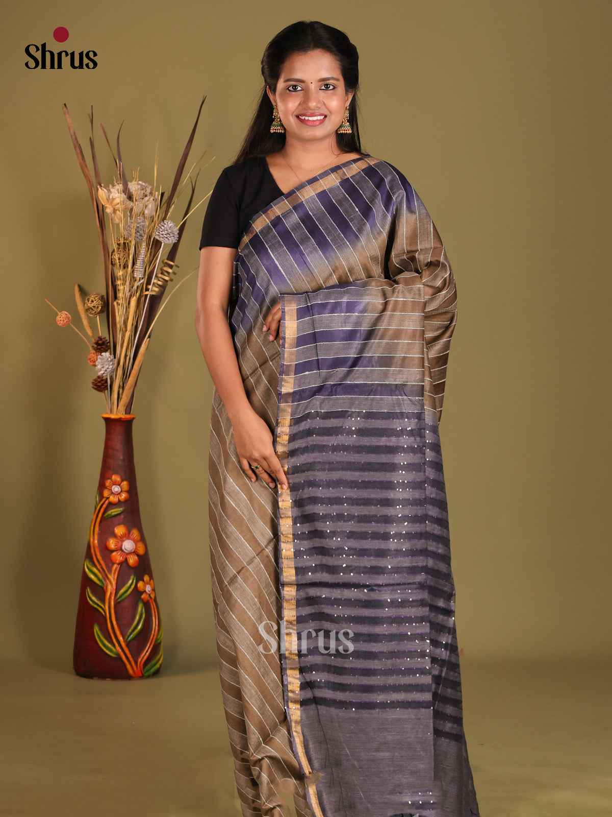 Brown & Blue - Semi Tussar saree - Shop on Shrus.com