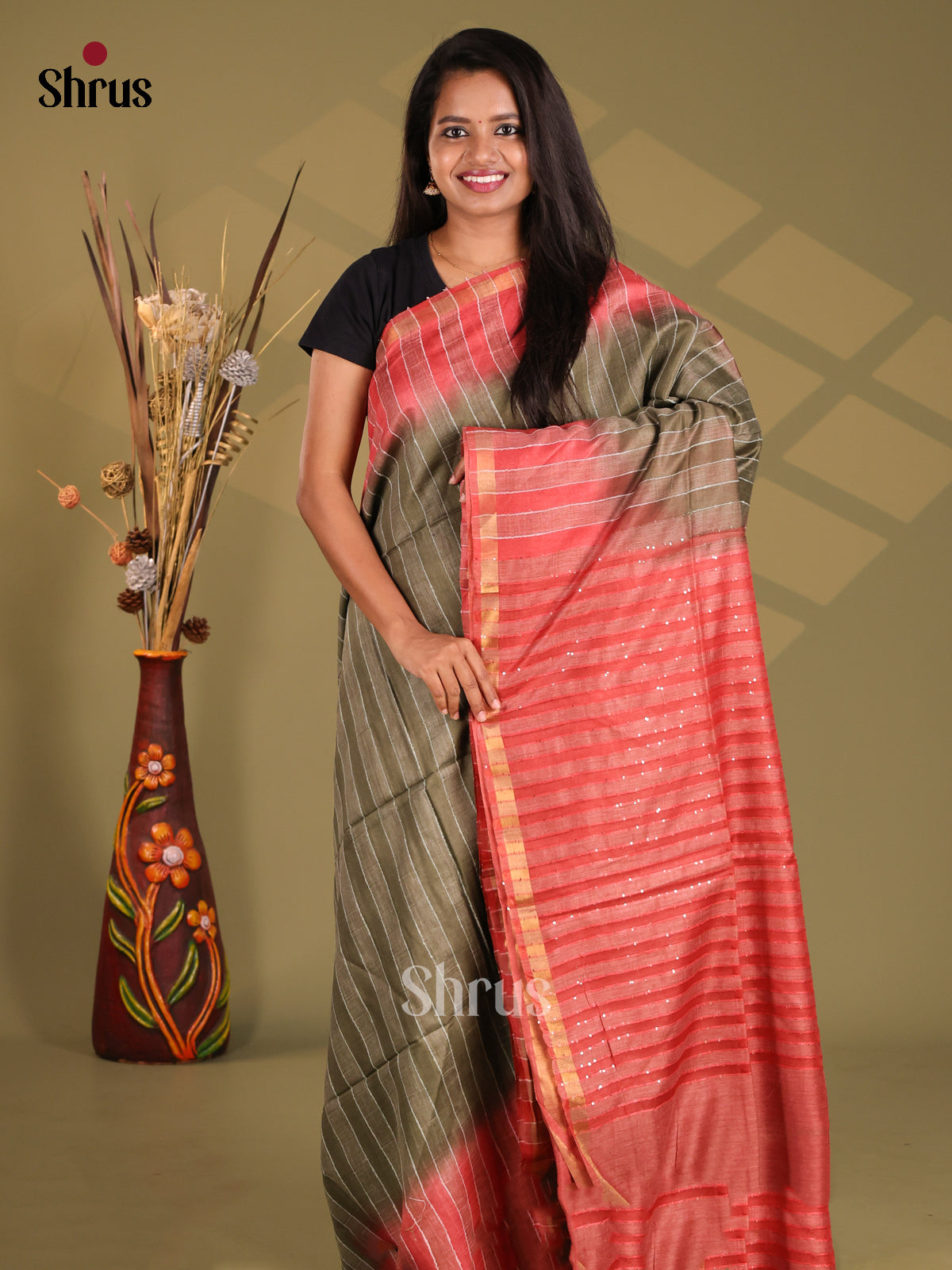 Chutney Green & Red- Semi Tussar Saree - Shop on Shrus.com