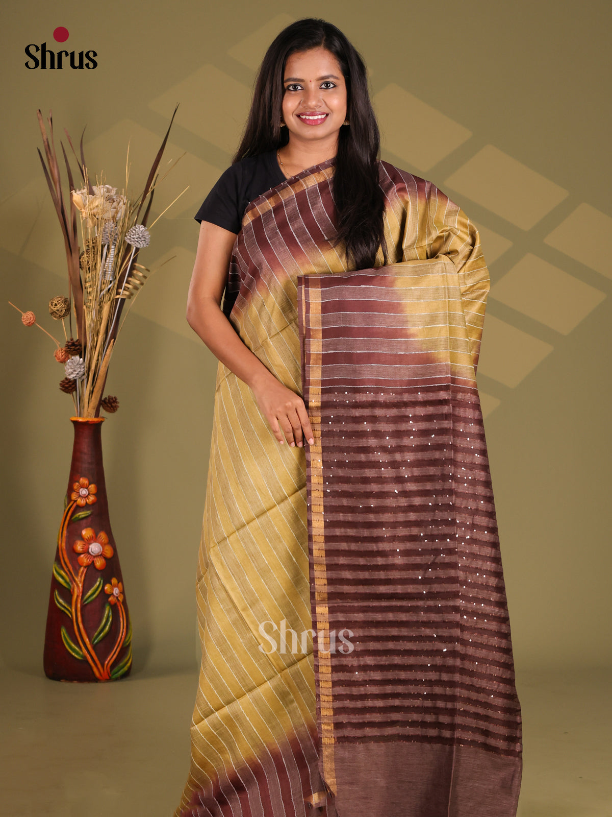 Chikoo & Brown - Semi Tussar Saree - Shop on Shrus.com