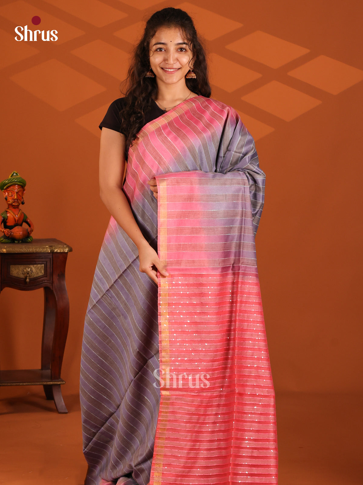 Grey & Pink - Semi Tussar Saree - Shop on Shrus.com