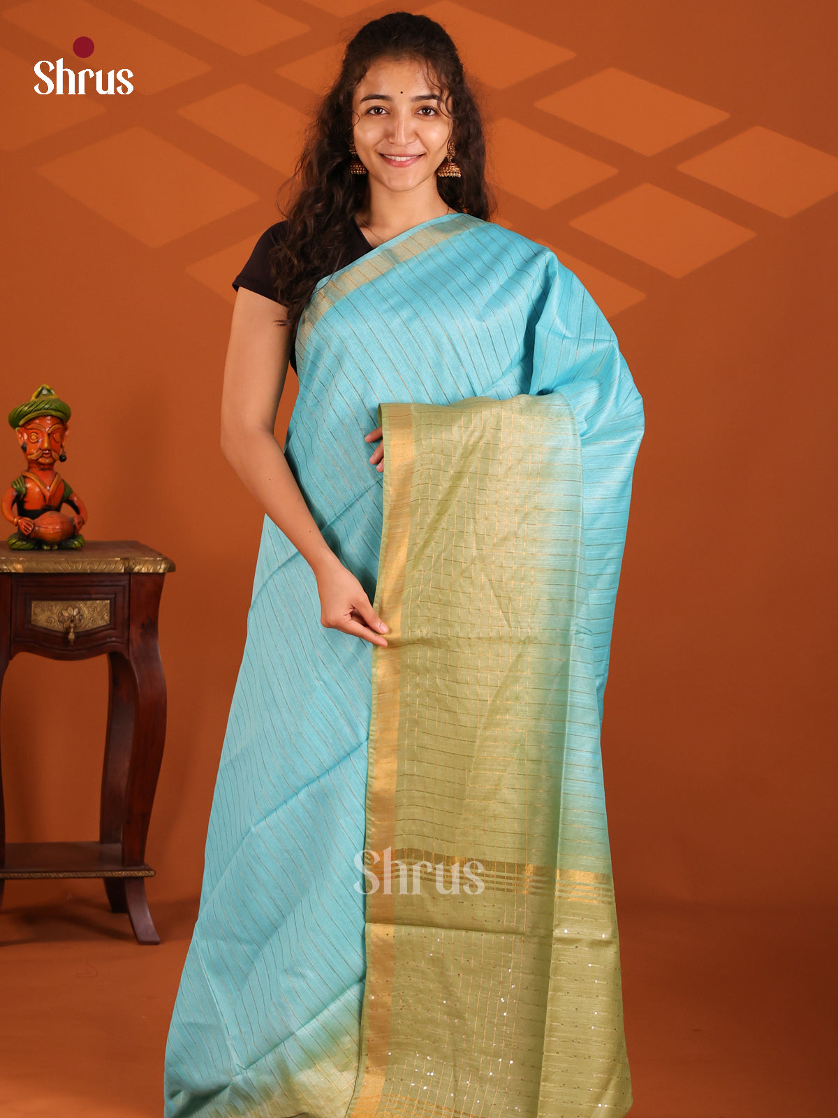 Pastel Blue & Elachi Green - Semi Tussar Saree - Shop on Shrus.com