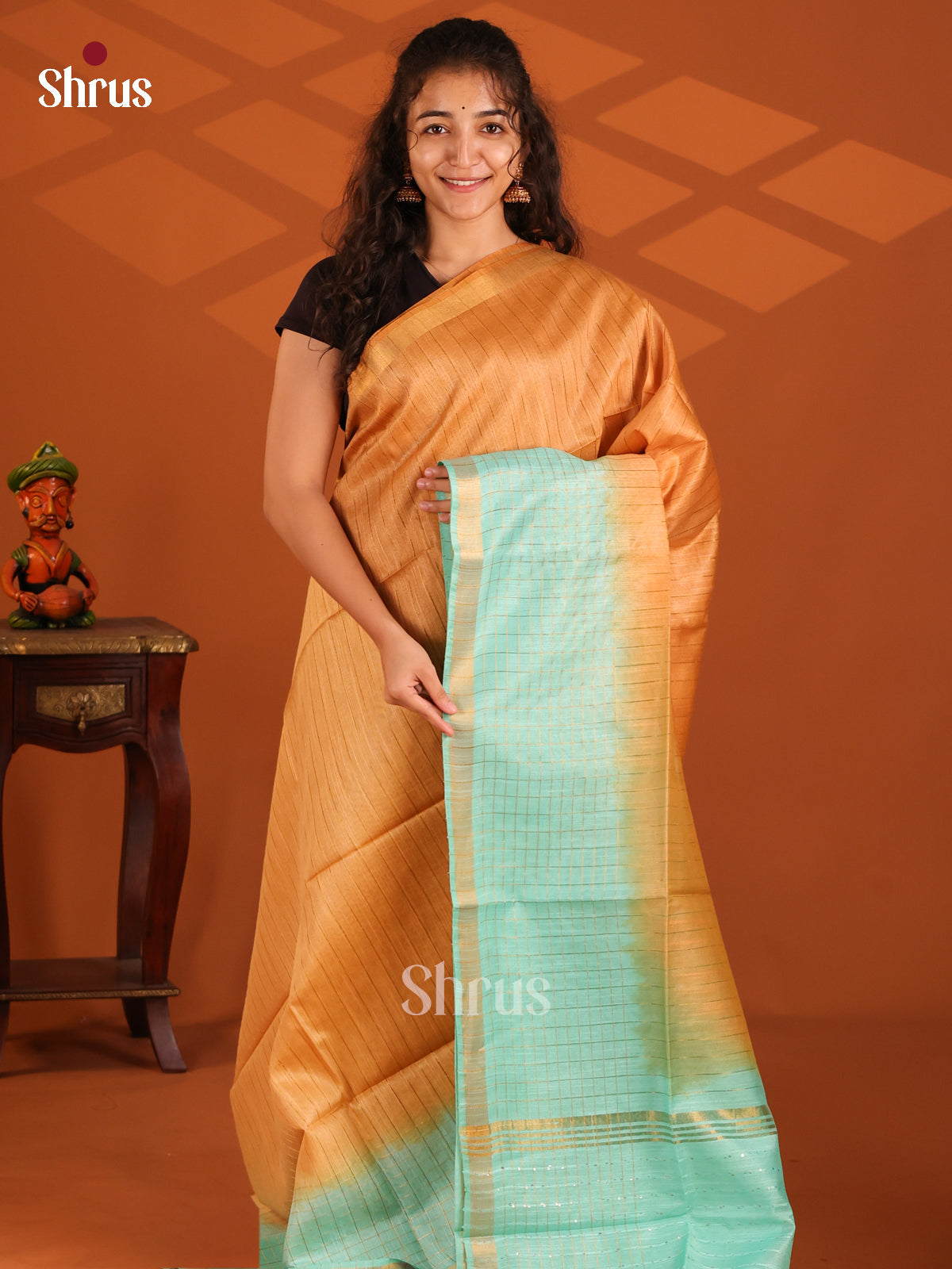 Dark Mustard & Teal - Semi Tussar Saree - Shop on Shrus.com
